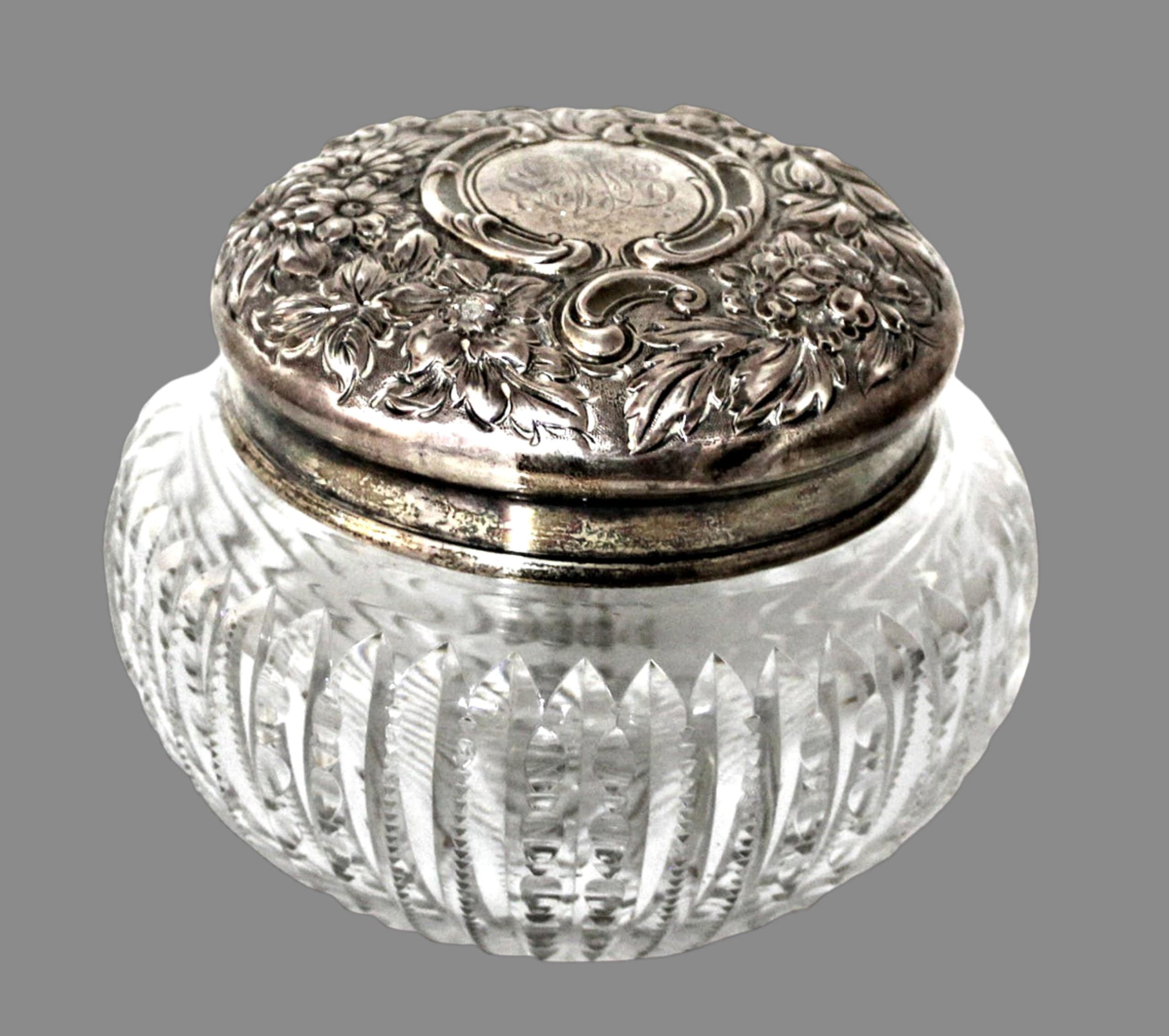 Antique Sterling Silver and American Brilliant Cut Glass Large Dresser Jar Theodore A. Kohn & Son