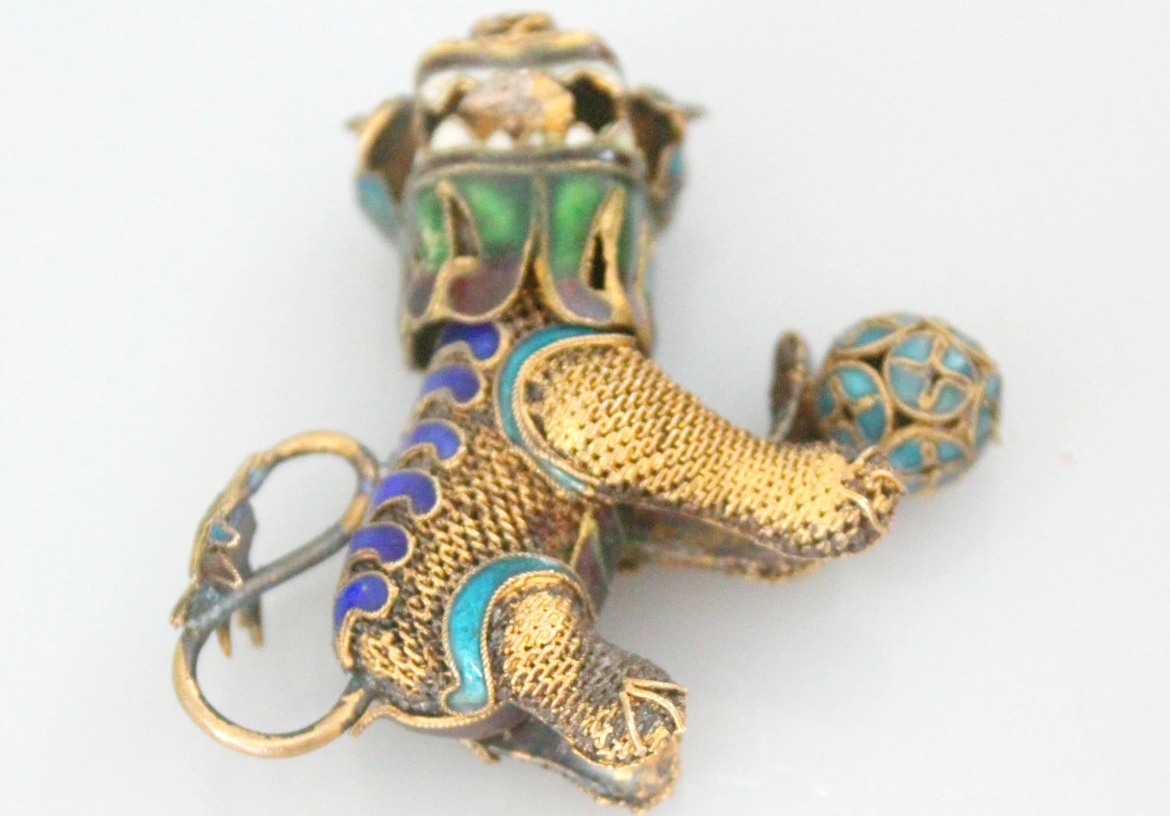 Old Chinese Guardian Lion Foo Dog Amulet Pendant Enamel on Metal Whimsical Jewelry 1.75'' L - image 3