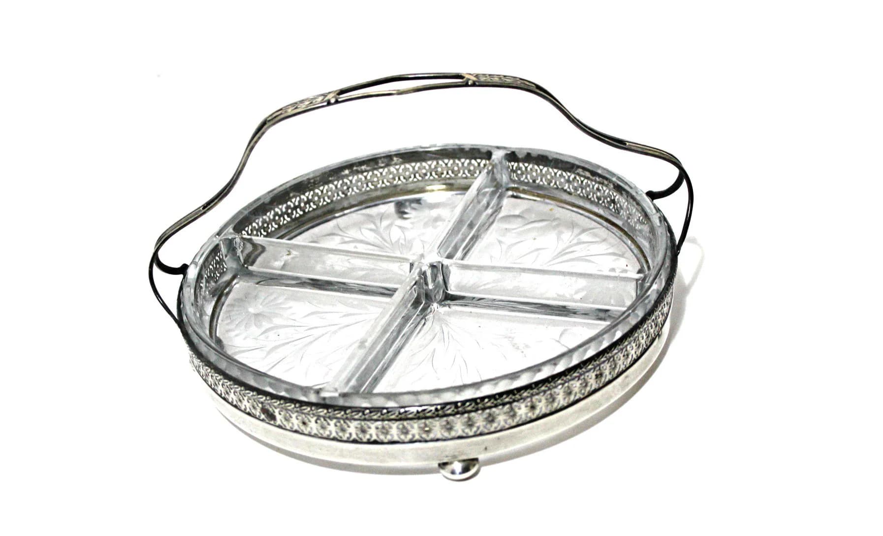 Antique Sterling Silver Hors d'Oeuvres Dish Wheel Cut Glass Footed  Relish Tray by Wilcox and Wagoner 8.5'' 1920's RARE