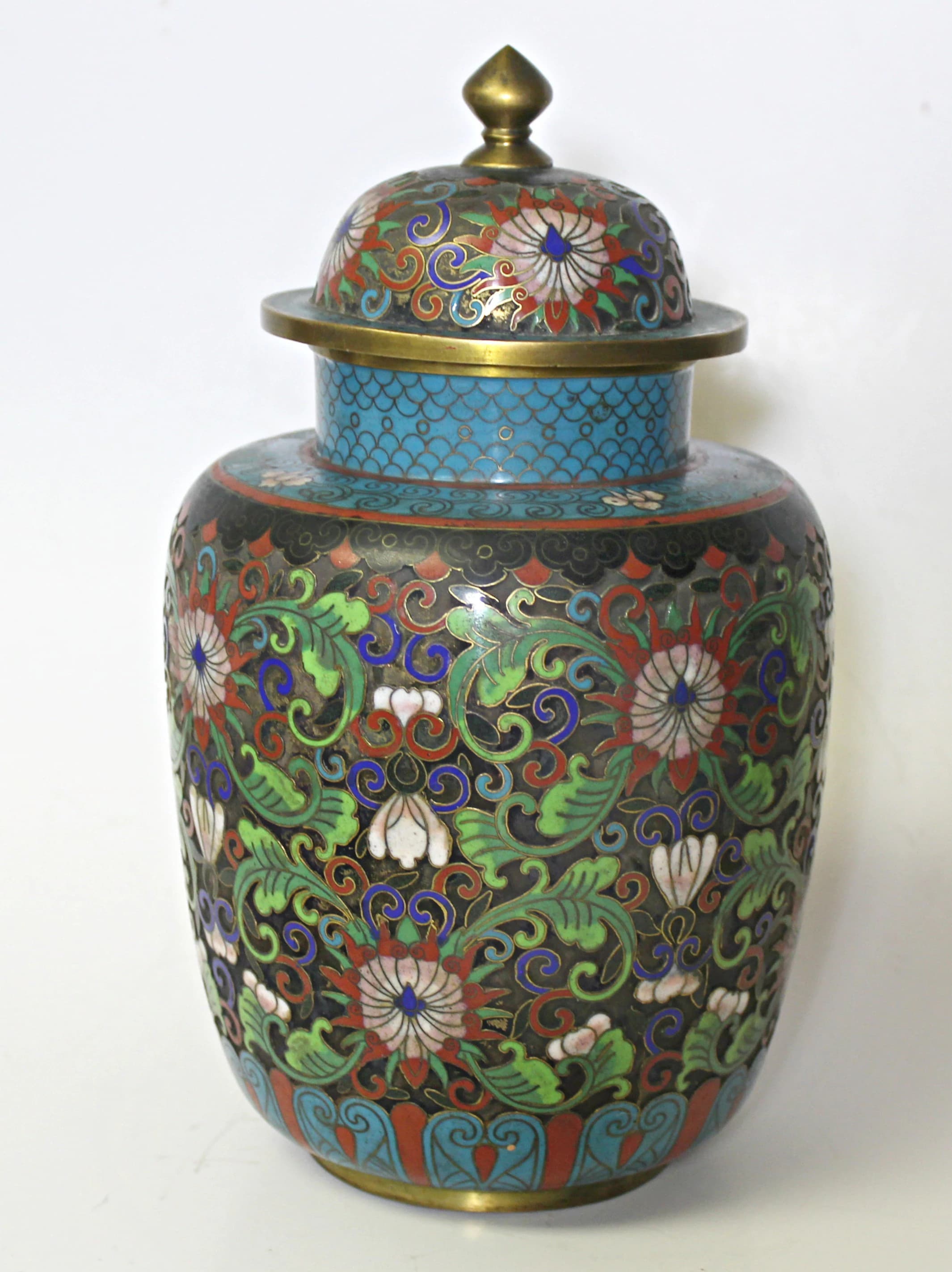 Antique Chinese Cloisonne Champleve Vase with Lid Signed - image 4