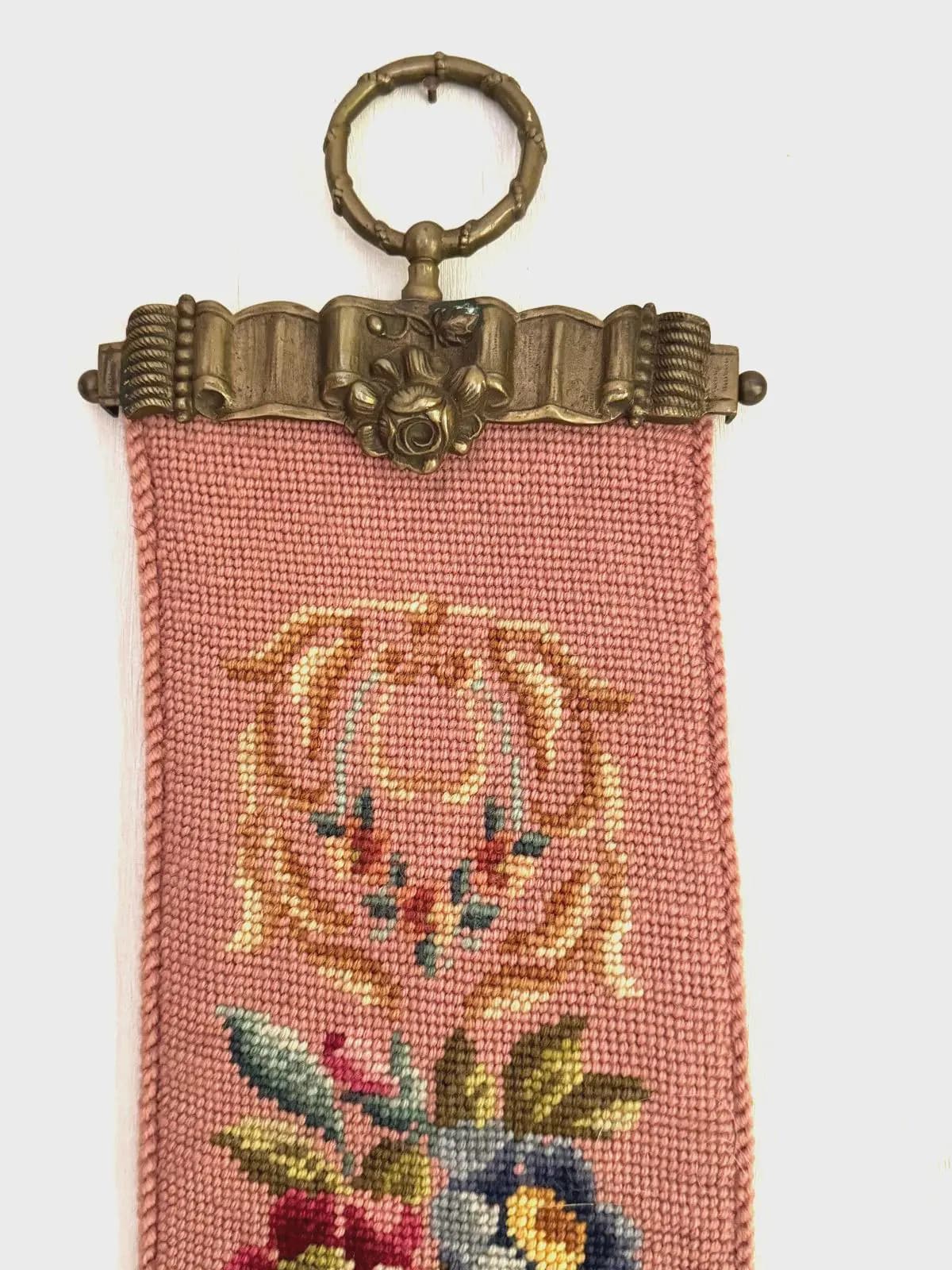 Antique French Floral Needlepoint Panel Floral Pink
