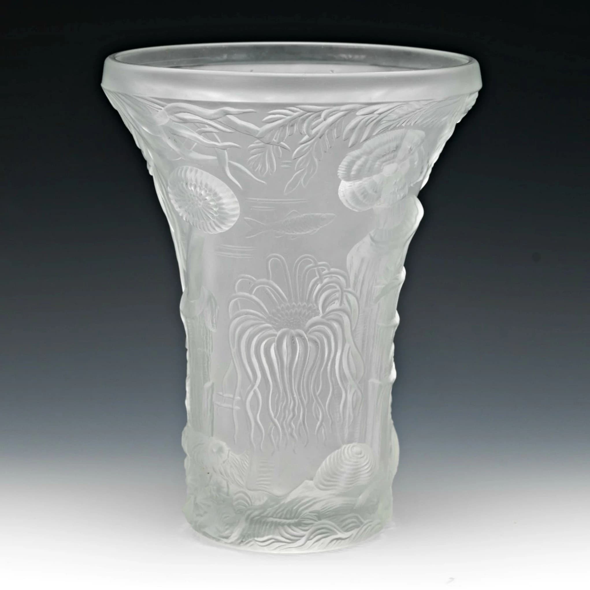 Frosted Crystal Glass Sea Life Vase Josef Inwald Barolac Large 11''H x 7.75''W