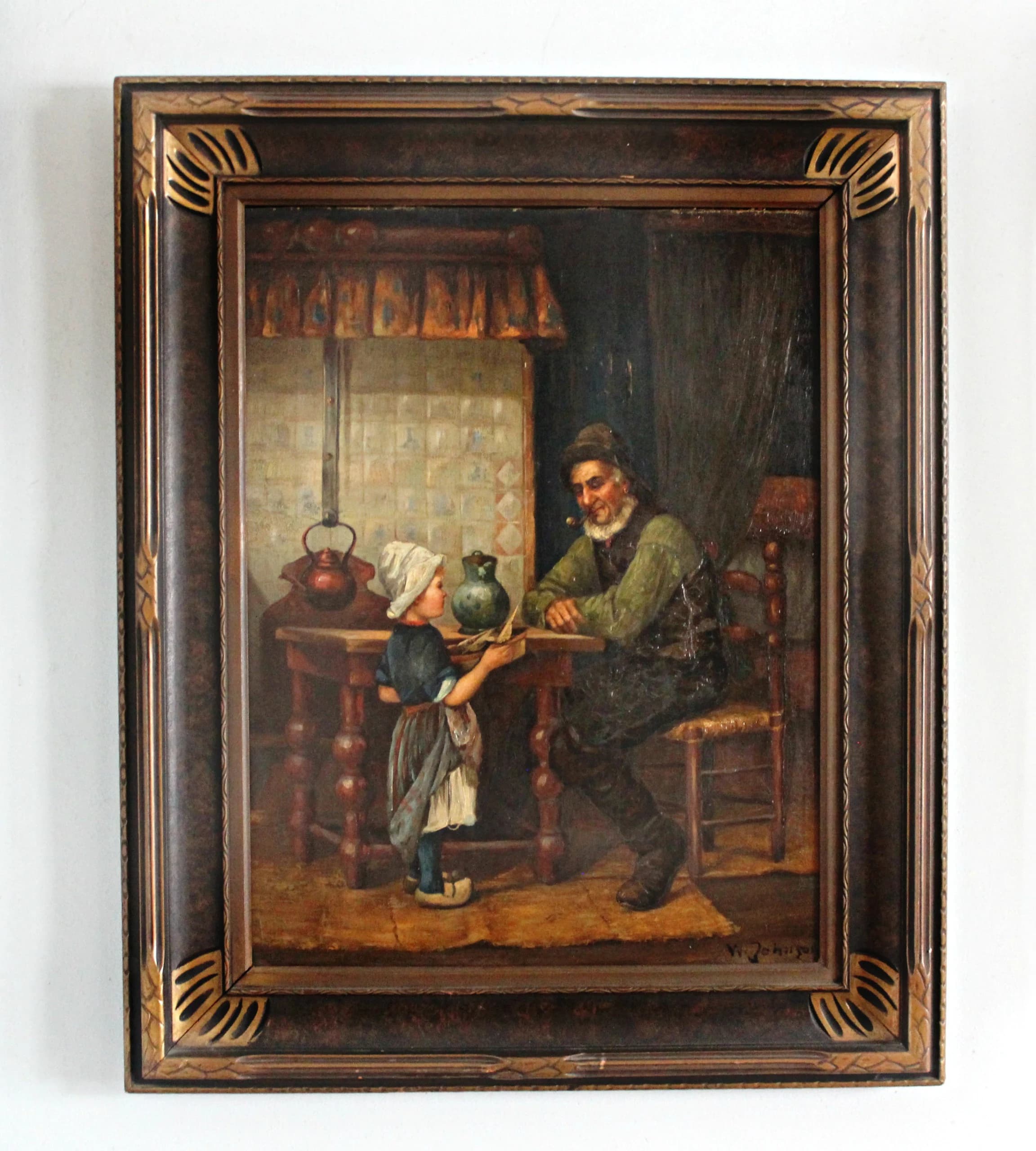 Antique German Dutch Oil Painting on Board by W Johnson
