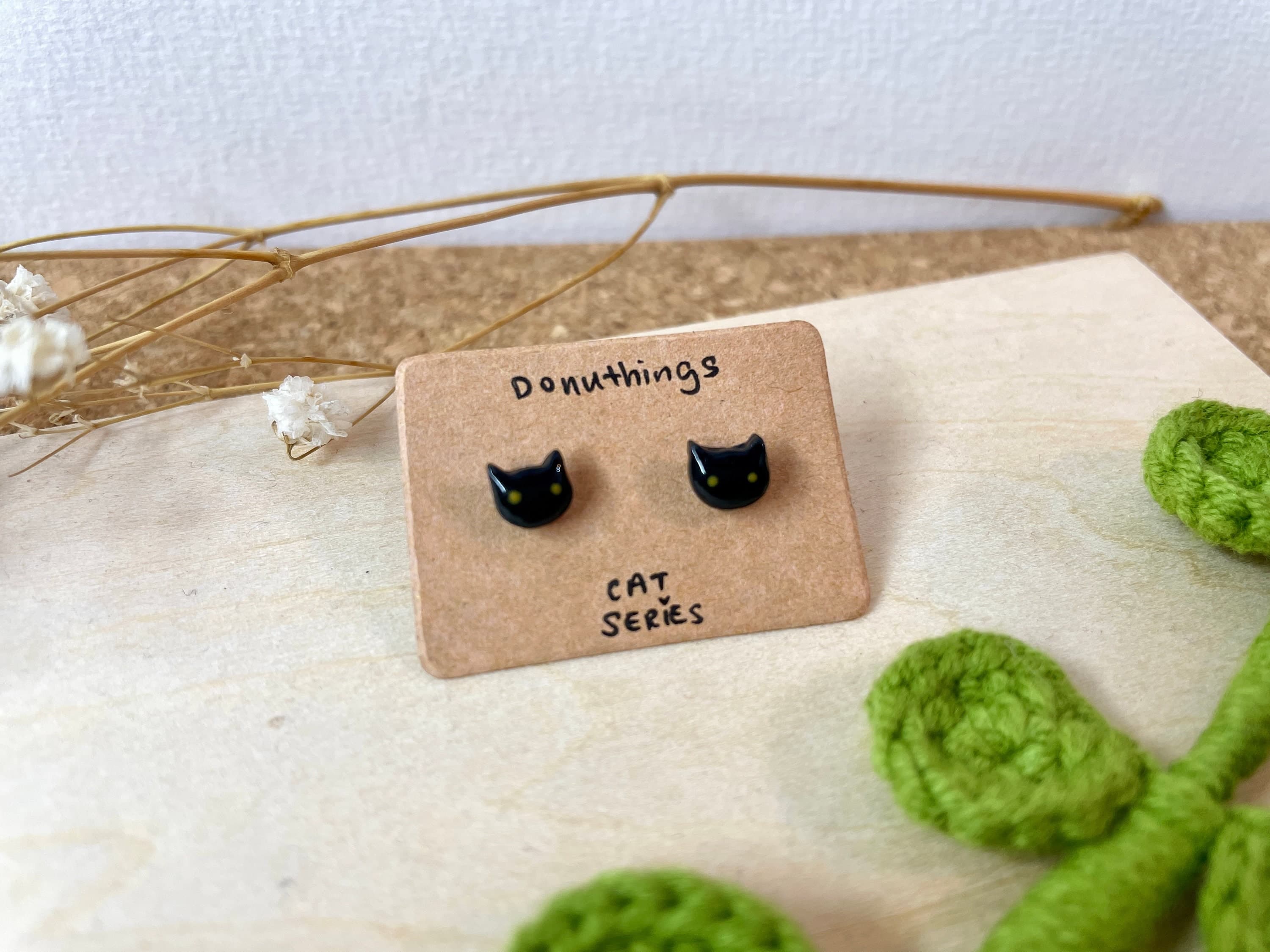 Cat Ear Studs Stainless Steel Backing - Black Cat with Yellow Eyes (Handmade by Donuthings) - image 4