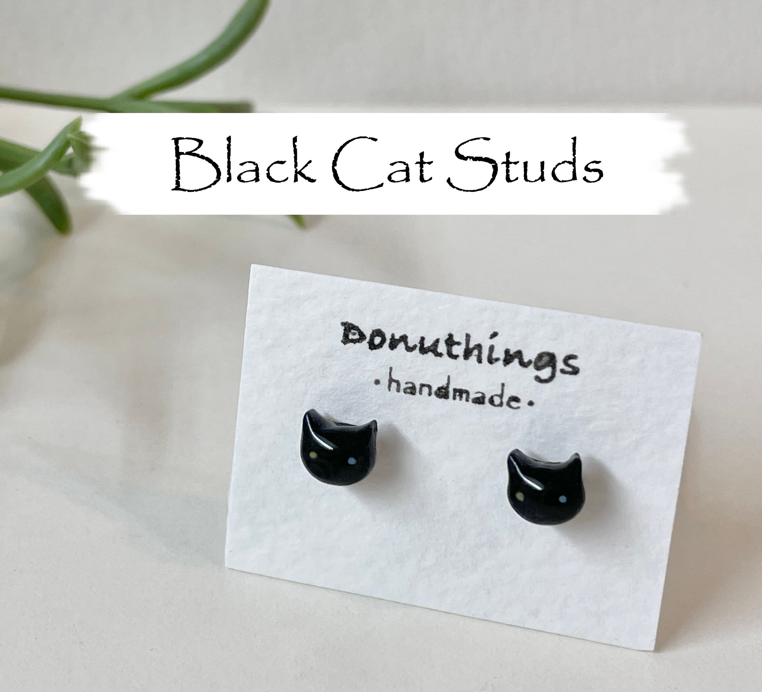Cat Ear Studs Stainless Steel Backing - Black Cat with Yellow Eyes (Handmade by Donuthings)