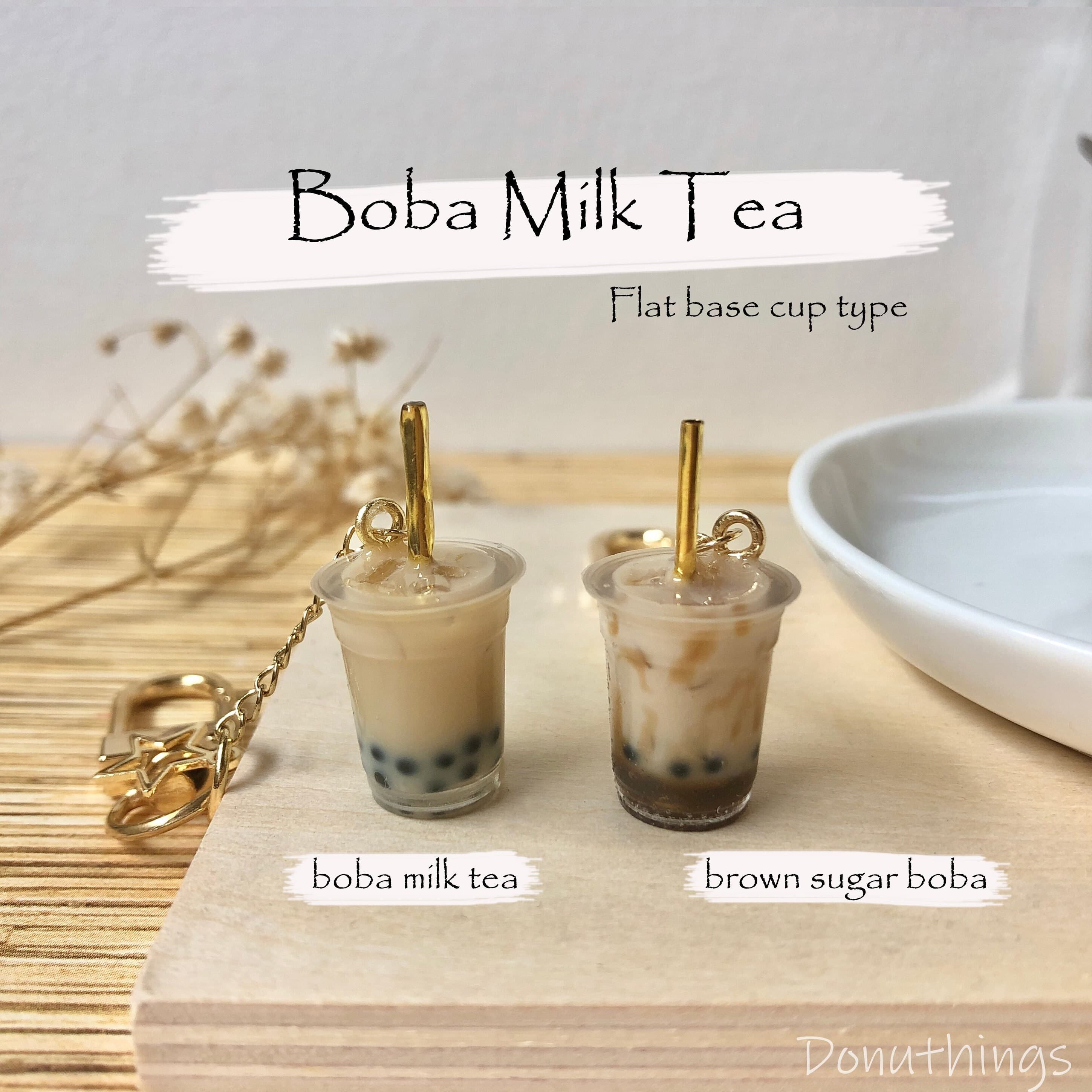Boba Milk Tea Keychain, 14k Gold Plated, Handmade Resin Charm