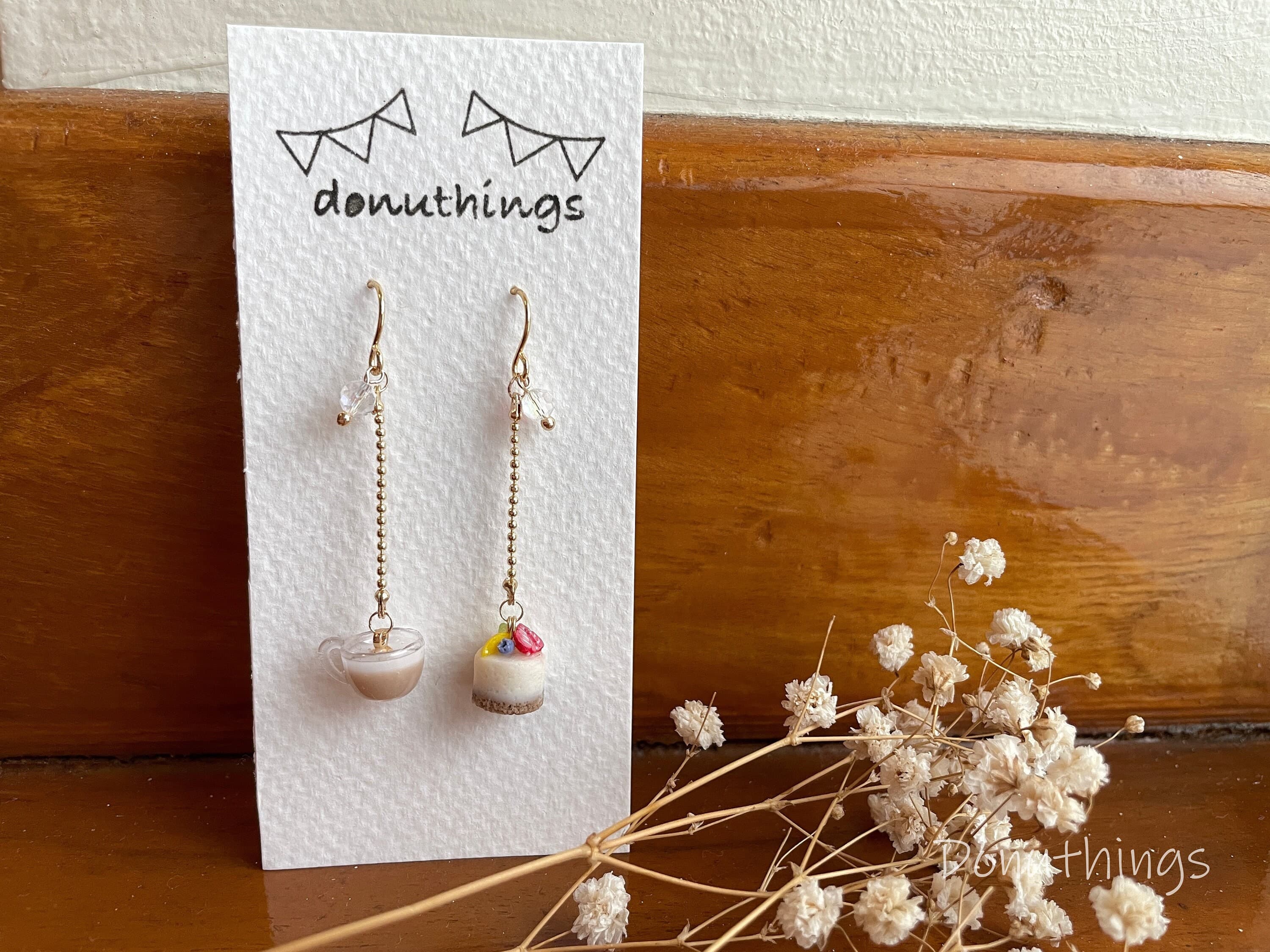 Handmade Afternoon Tea Earrings, Cake and Latte, Stainless Steel Hooks - image 3