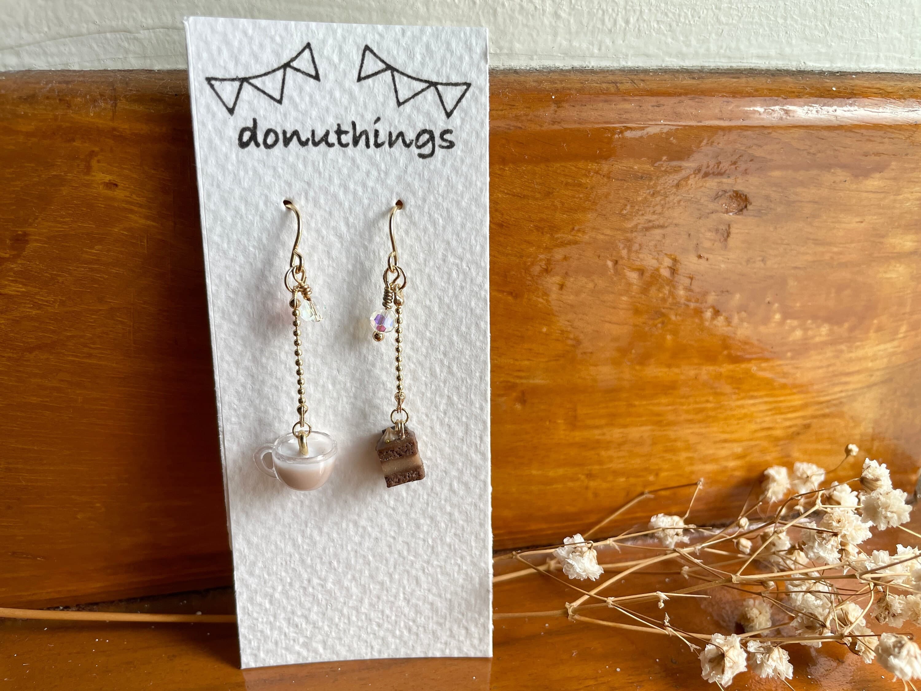 Handmade Afternoon Tea Earrings, Latte and Chocolate Cake, Stainless Steel
