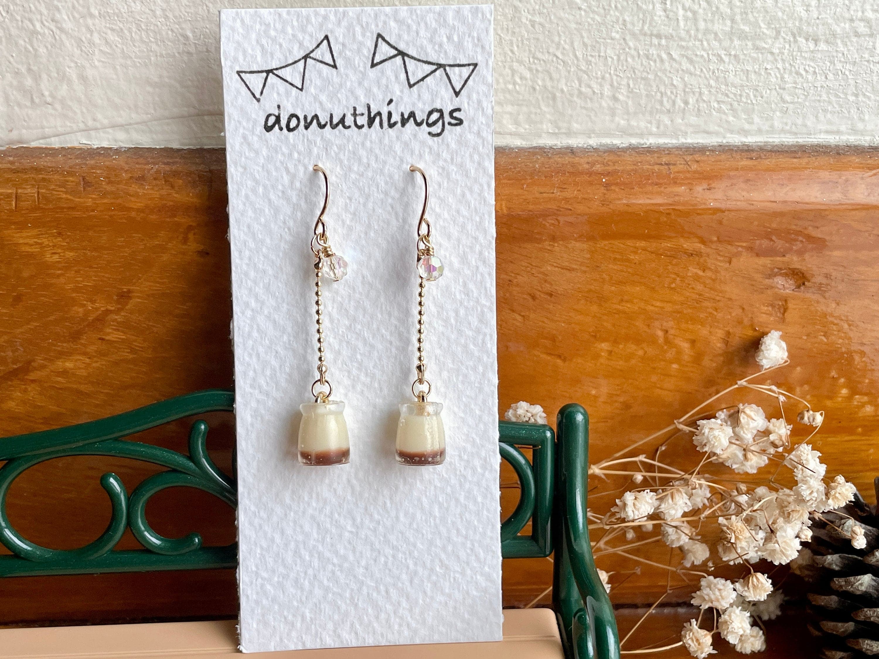 S925 Miniature Custard Pudding Dangle Earrings, Dainty 924 Silver with 14KGP (Handmade by Donuthings)