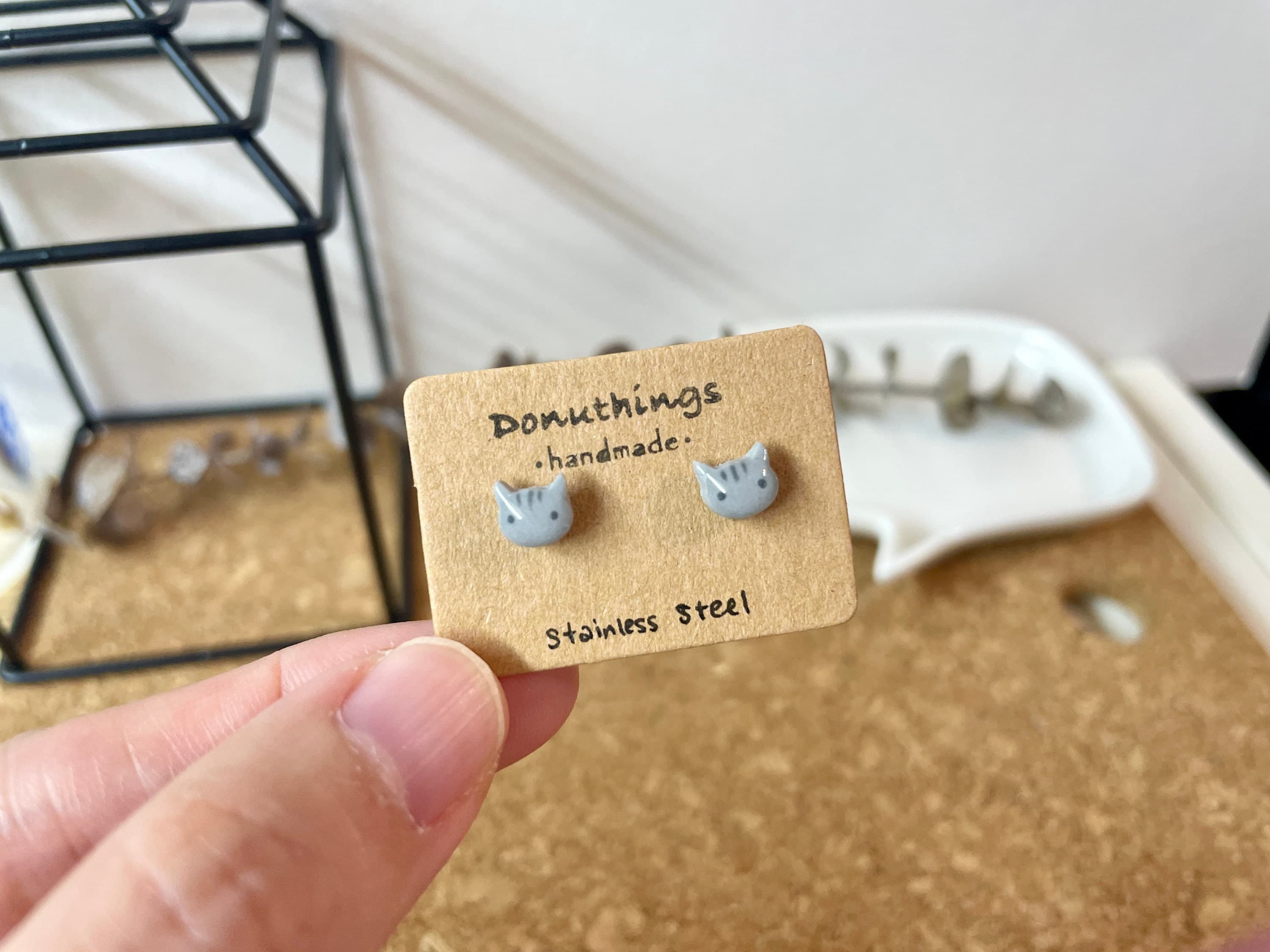 Gray Cat Stud Earrings – Handmade Resin Stainless Steel Back - image 5