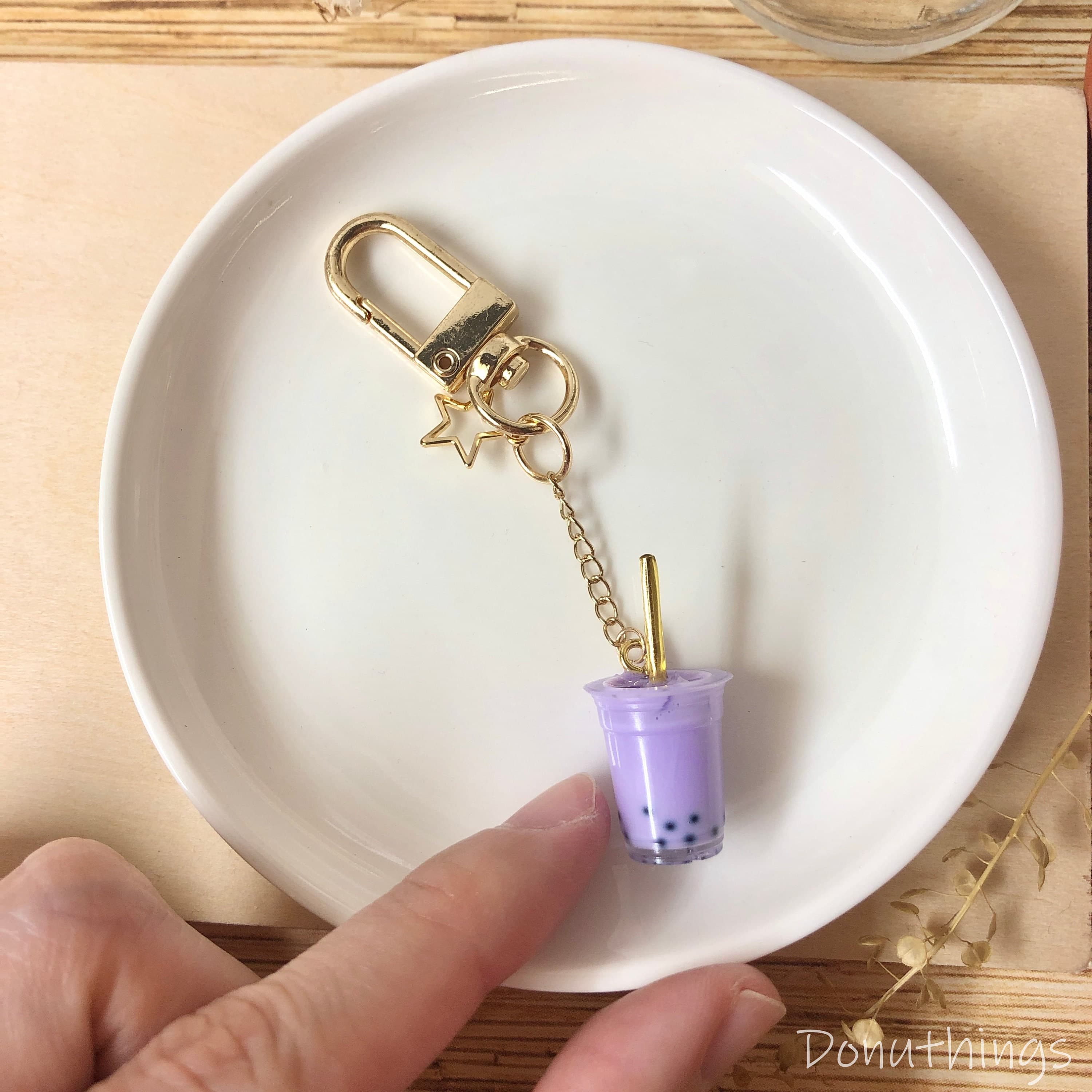 Taro Boba Milk Tea Keychain, 14k Gold Plated Findings - image 3