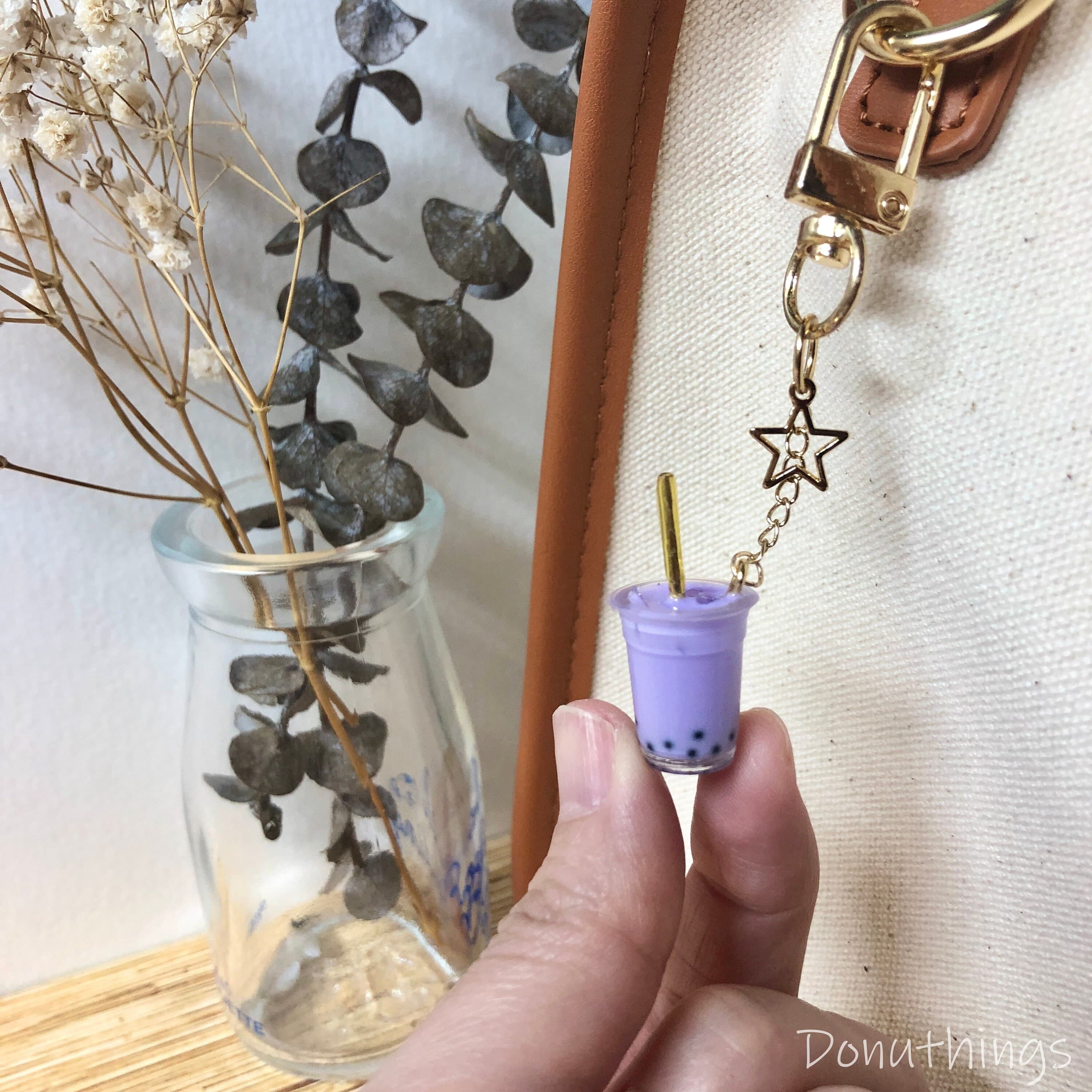 Taro Boba Milk Tea Keychain, 14k Gold Plated Findings - image 5