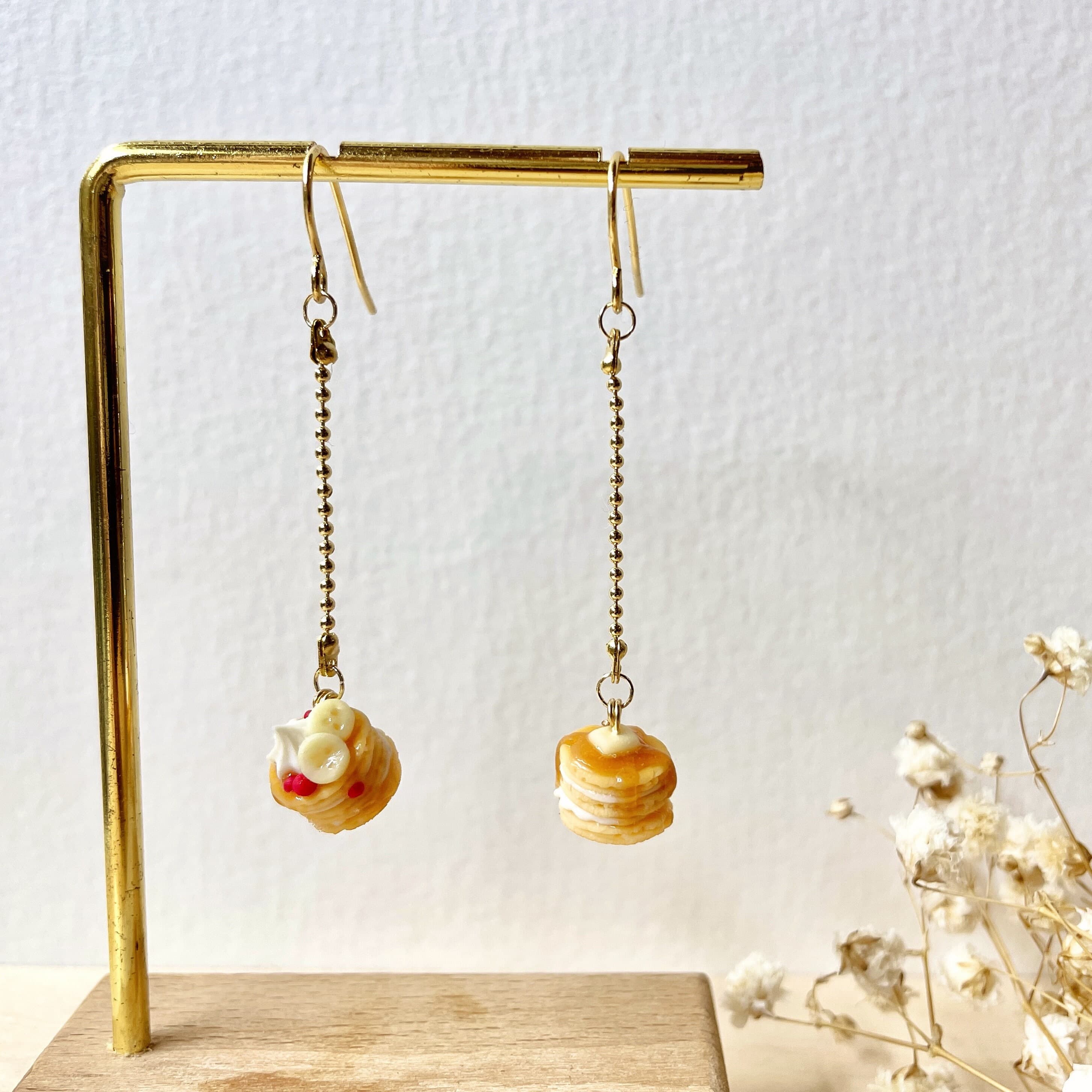 Miniature Cafe Pancakes Dangling Earrings, Stainless Steel Hooks (Handmade by Donuthings)