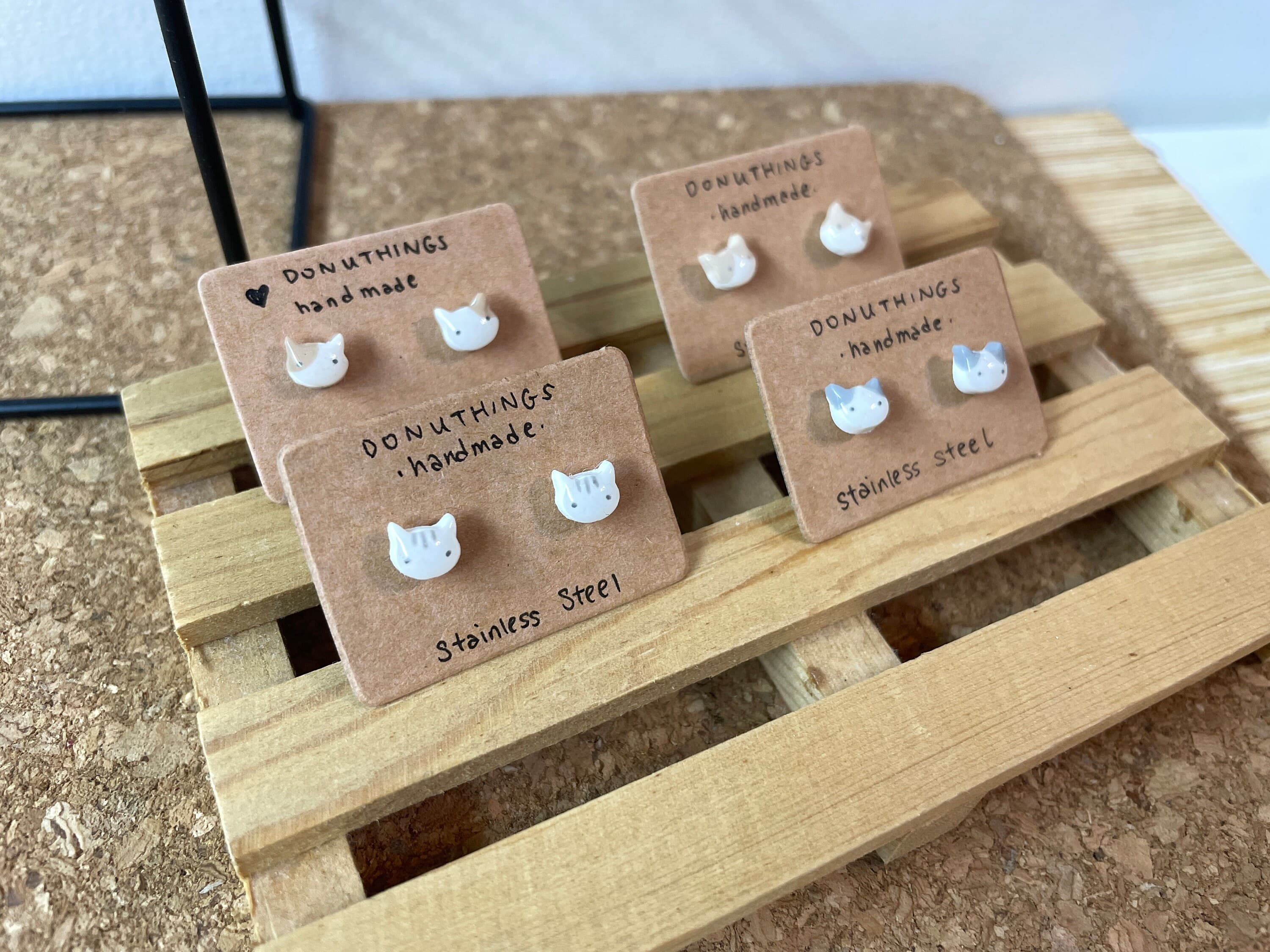 Handmade White Cat Stud Earrings – Stainless Steel, Striped Kitten - image 4