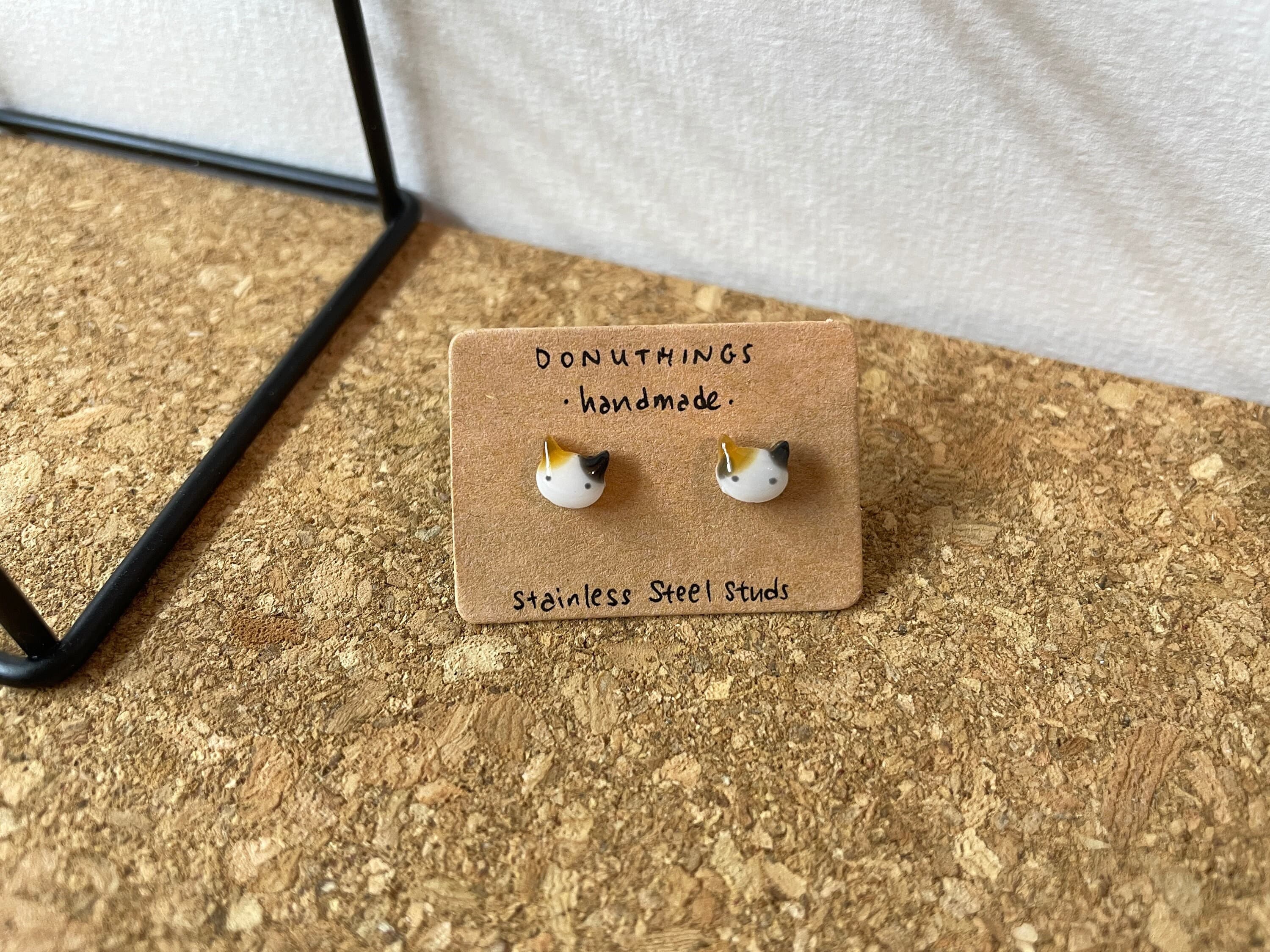 Handmade Calico Cat Stud Earrings, Stainless Steel - image 3