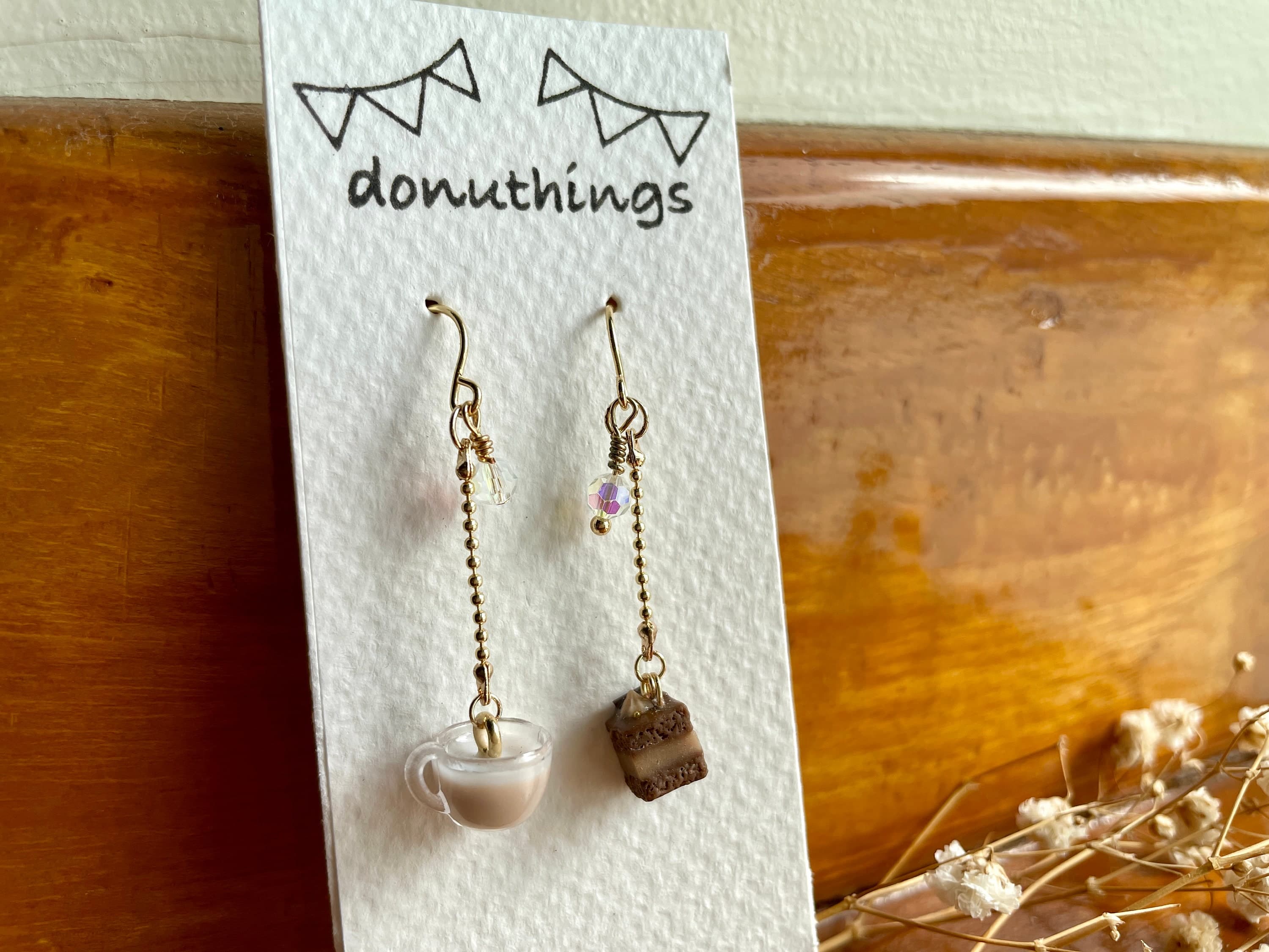 Handmade Afternoon Tea Earrings, Latte and Chocolate Cake, Stainless Steel - image 3