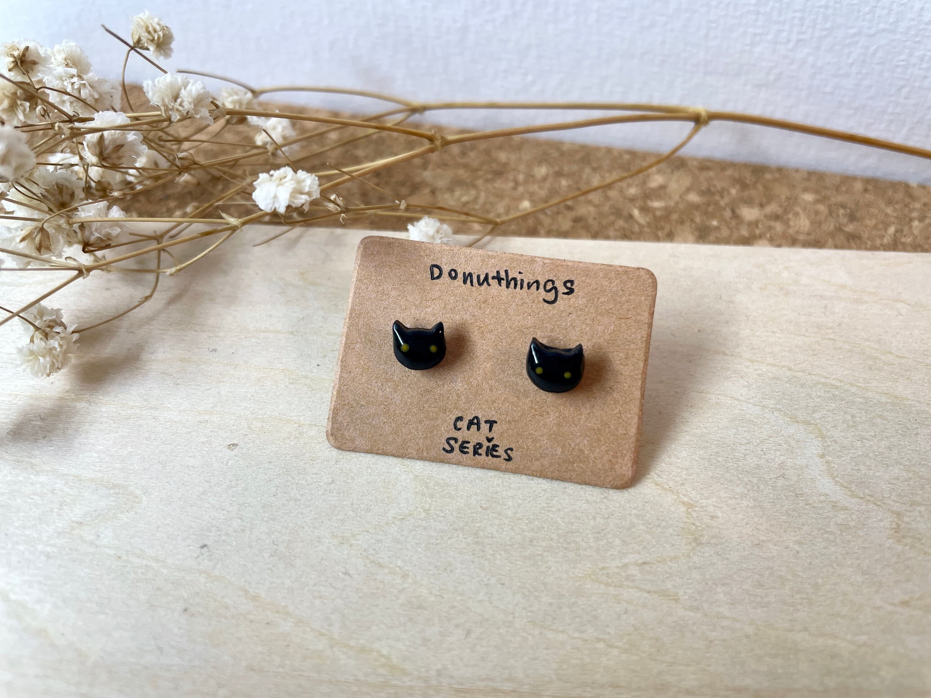 Cat Ear Studs Stainless Steel Backing - Black Cat with Yellow Eyes (Handmade by Donuthings) - image 5