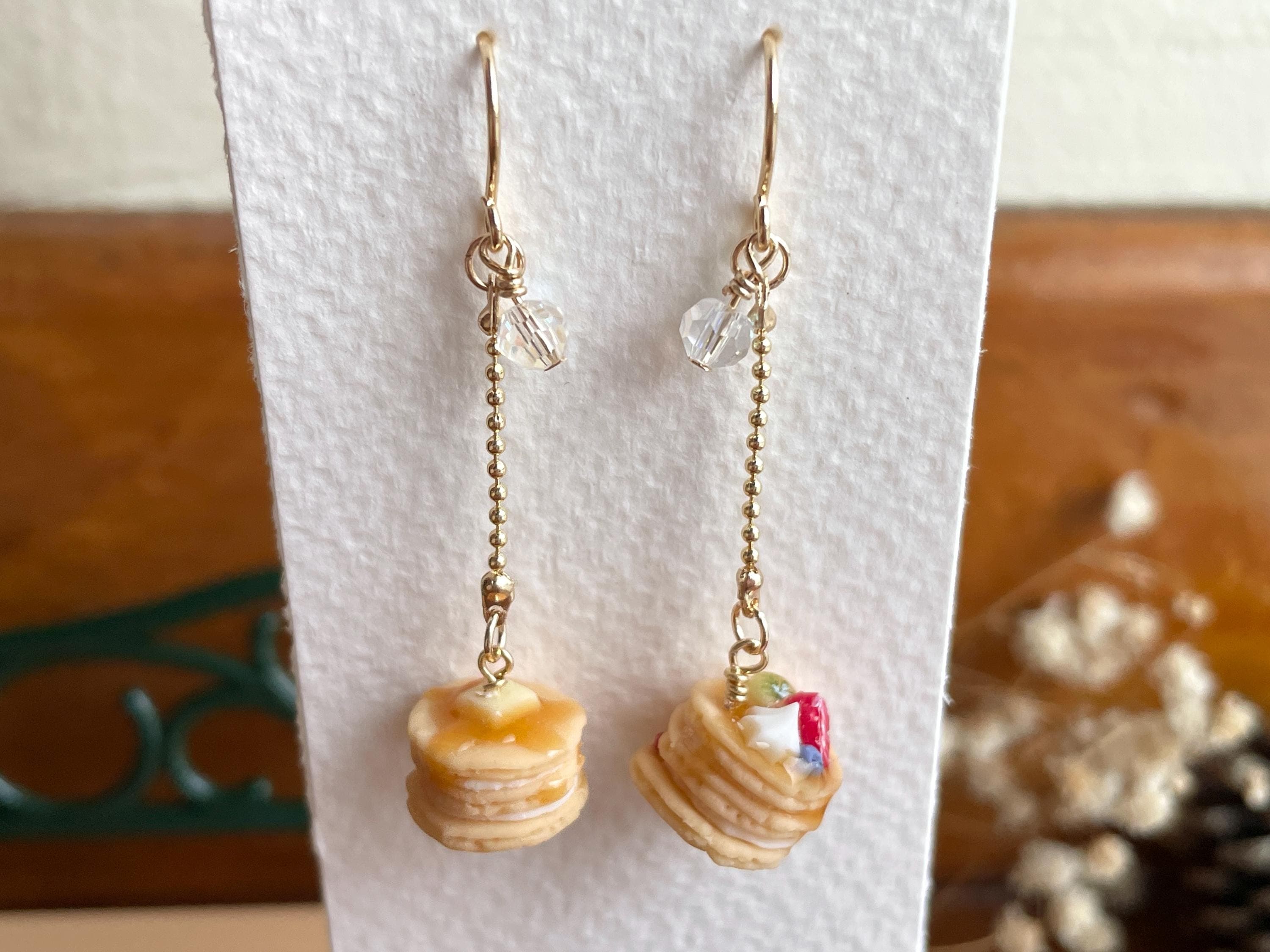 Miniature Pancake Earrings, Fruit Butter Topping, 14KGP Dangle Earrings - image 5