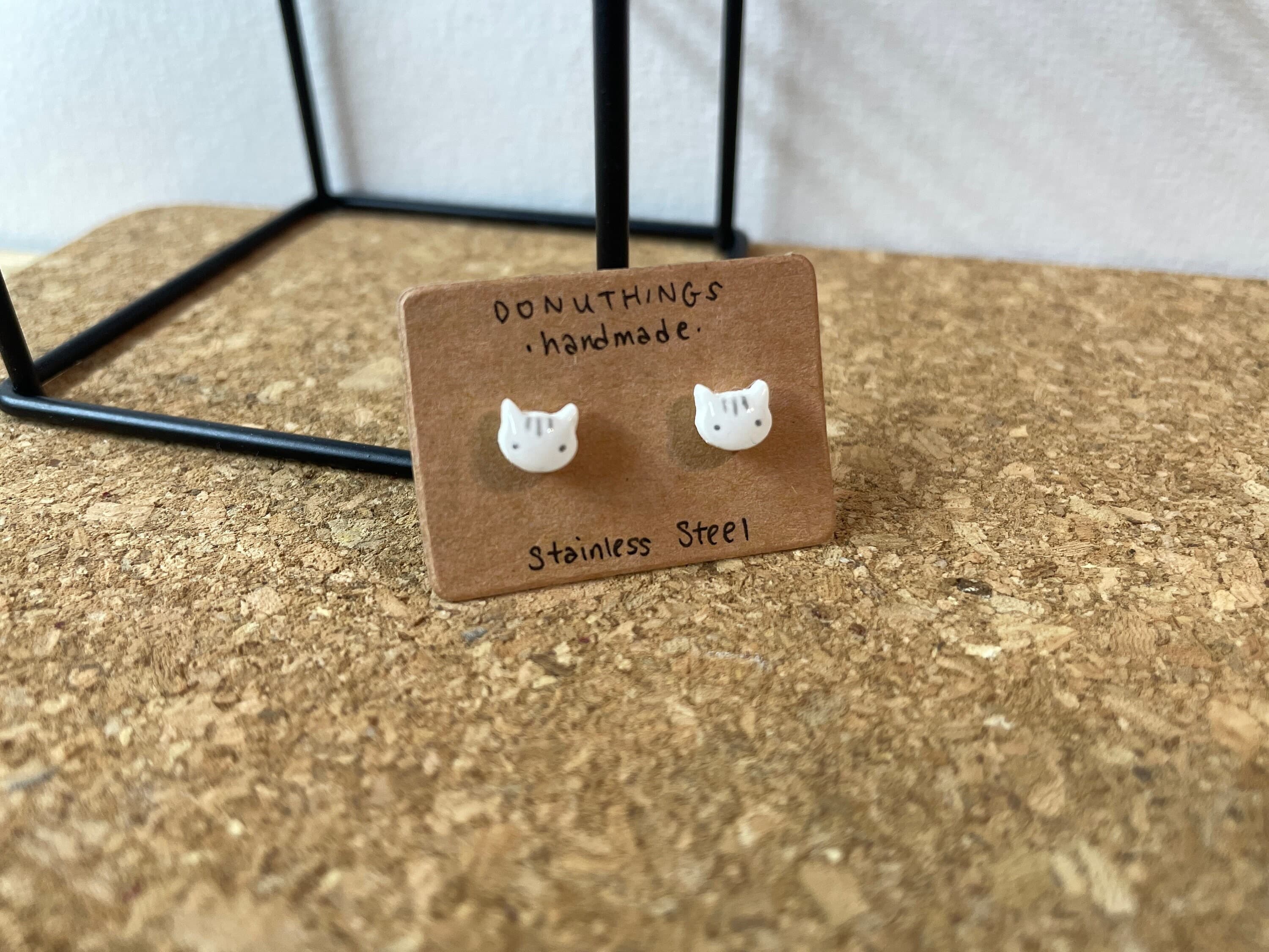 Handmade White Cat Stud Earrings – Stainless Steel, Striped Kitten