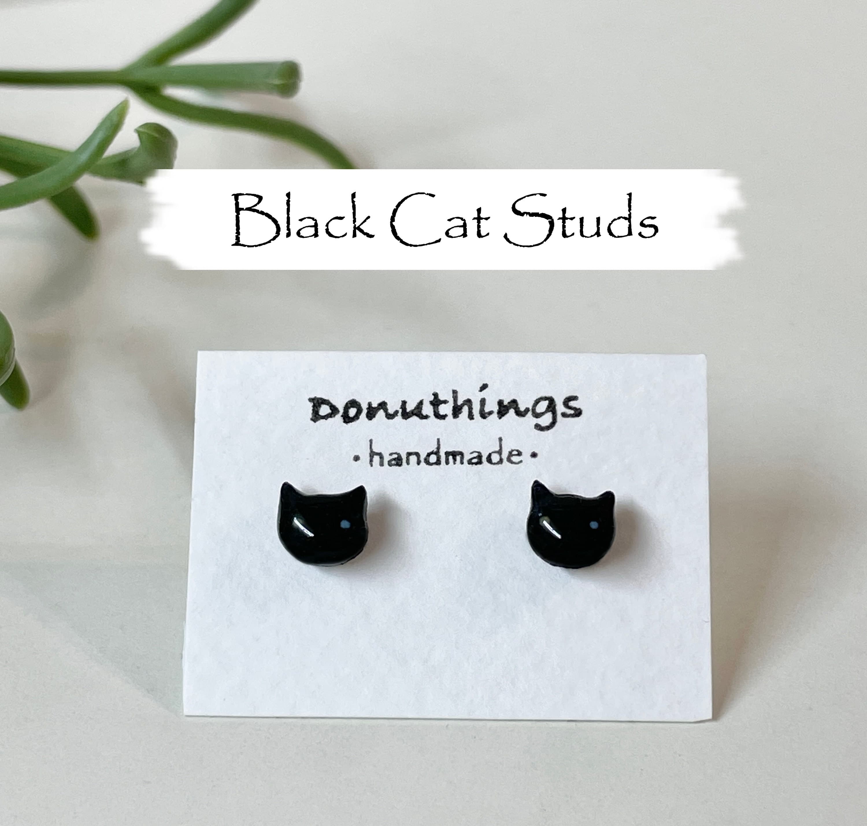 Cat Ear Studs Stainless Steel Backing - Black Cat with Yellow Eyes (Handmade by Donuthings) - image 3