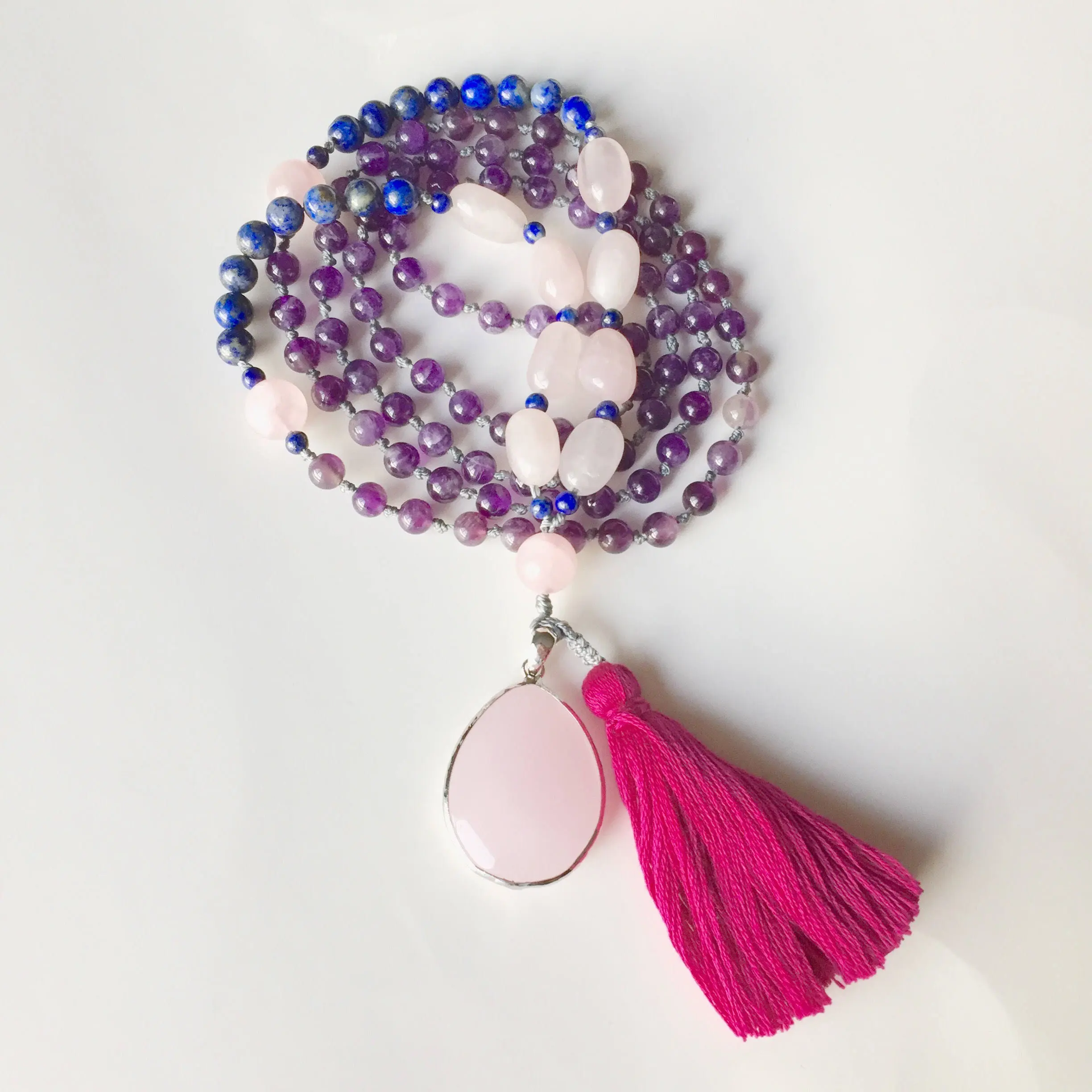 Gemstone Mala Necklace – Rose Quartz Pendant, Long Tassel, Yoga Jewelry - image 2