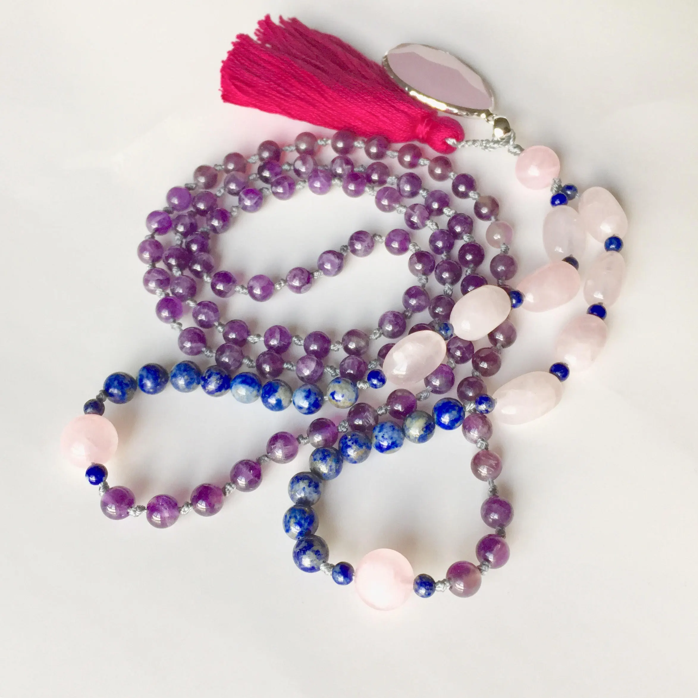 Gemstone Mala Necklace – Rose Quartz Pendant, Long Tassel, Yoga Jewelry - image 3
