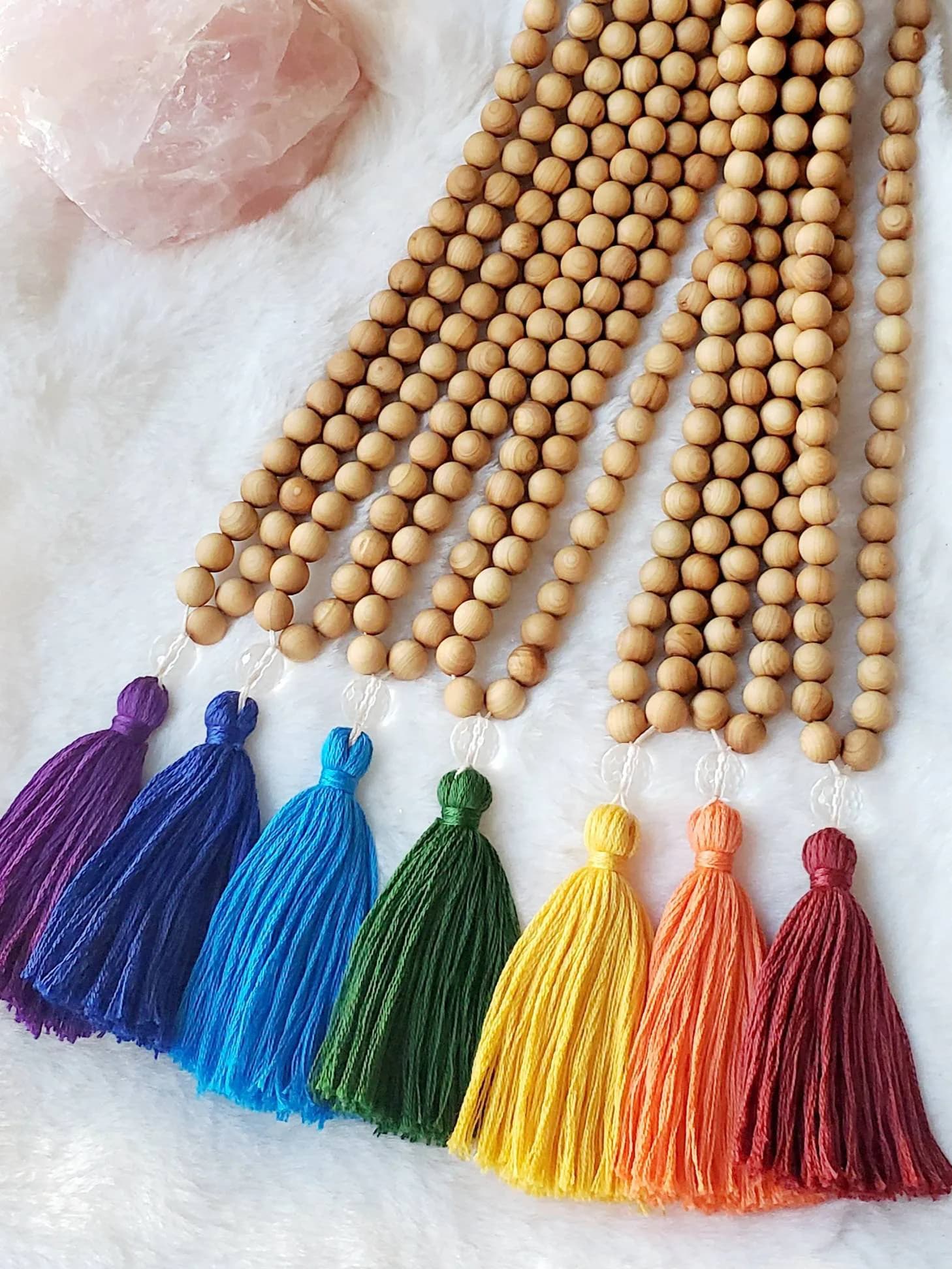 Sandalwood Chakra Mala Necklace – Meditation Beads, Reiki Infused