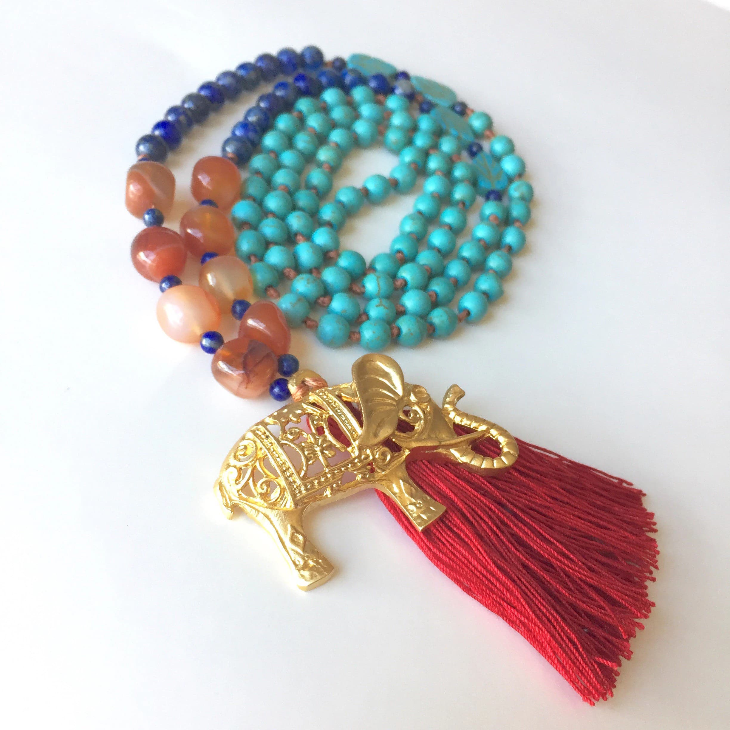 Hand Knotted Carnelian & Lapis Lazuli Mala Necklace – Ganesh Pendant
