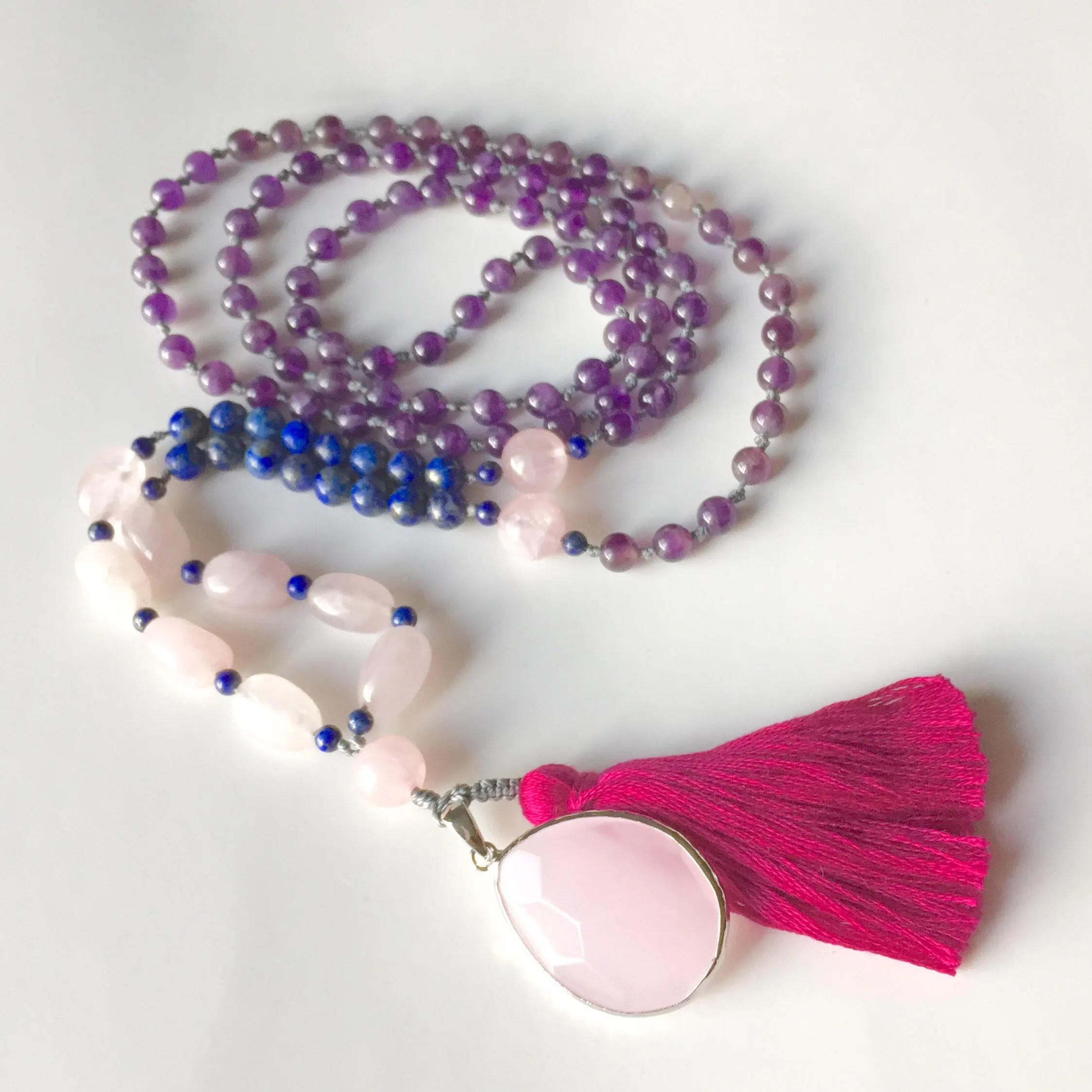 Gemstone Mala Necklace – Rose Quartz Pendant, Long Tassel, Yoga Jewelry