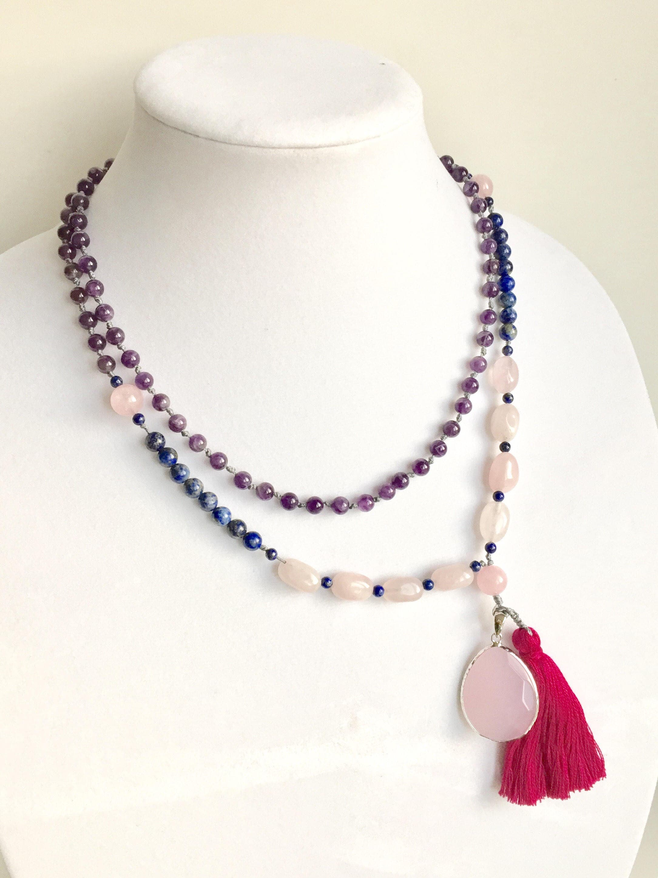 Gemstone Mala Necklace – Rose Quartz Pendant, Long Tassel, Yoga Jewelry - image 4