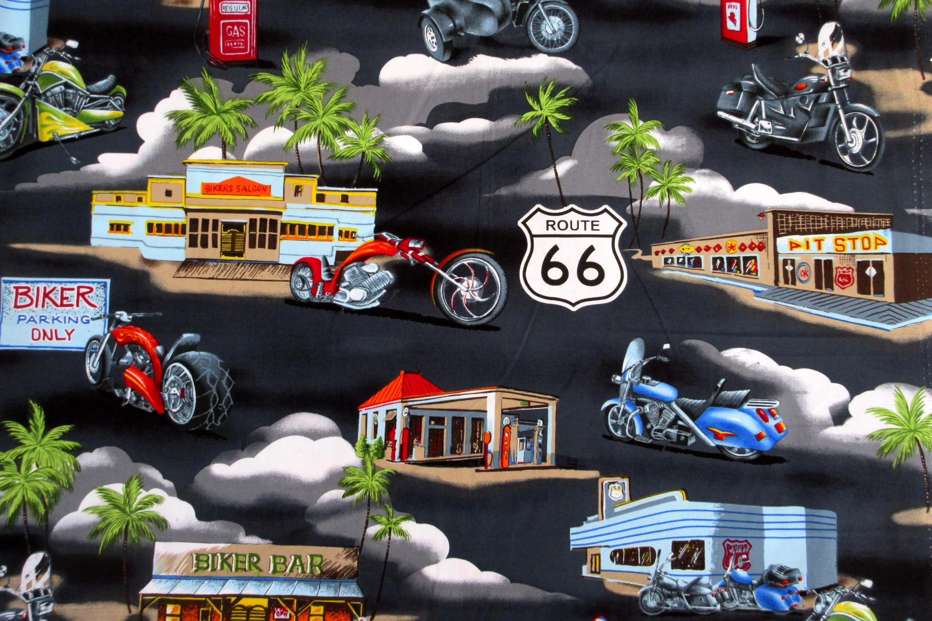 Biker Fabric, Motorcycle Rally on Black, By the Half or Full Yard