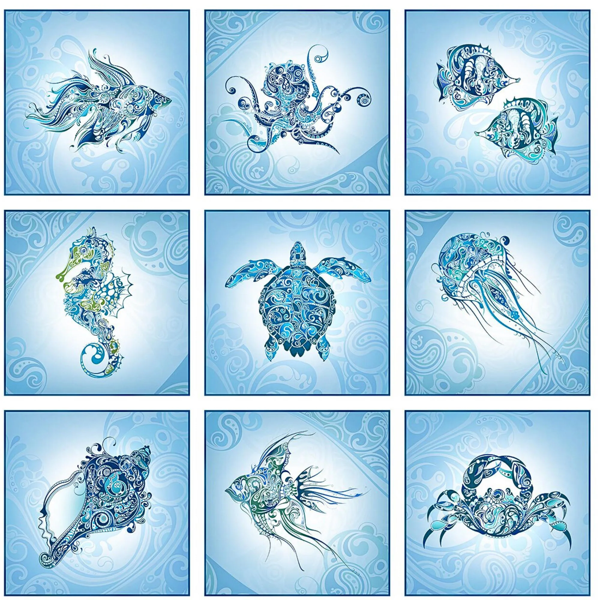 Ocean Creatures Fabric Panel: Wonders of the Ocean Quilt Cotton, By the Panel