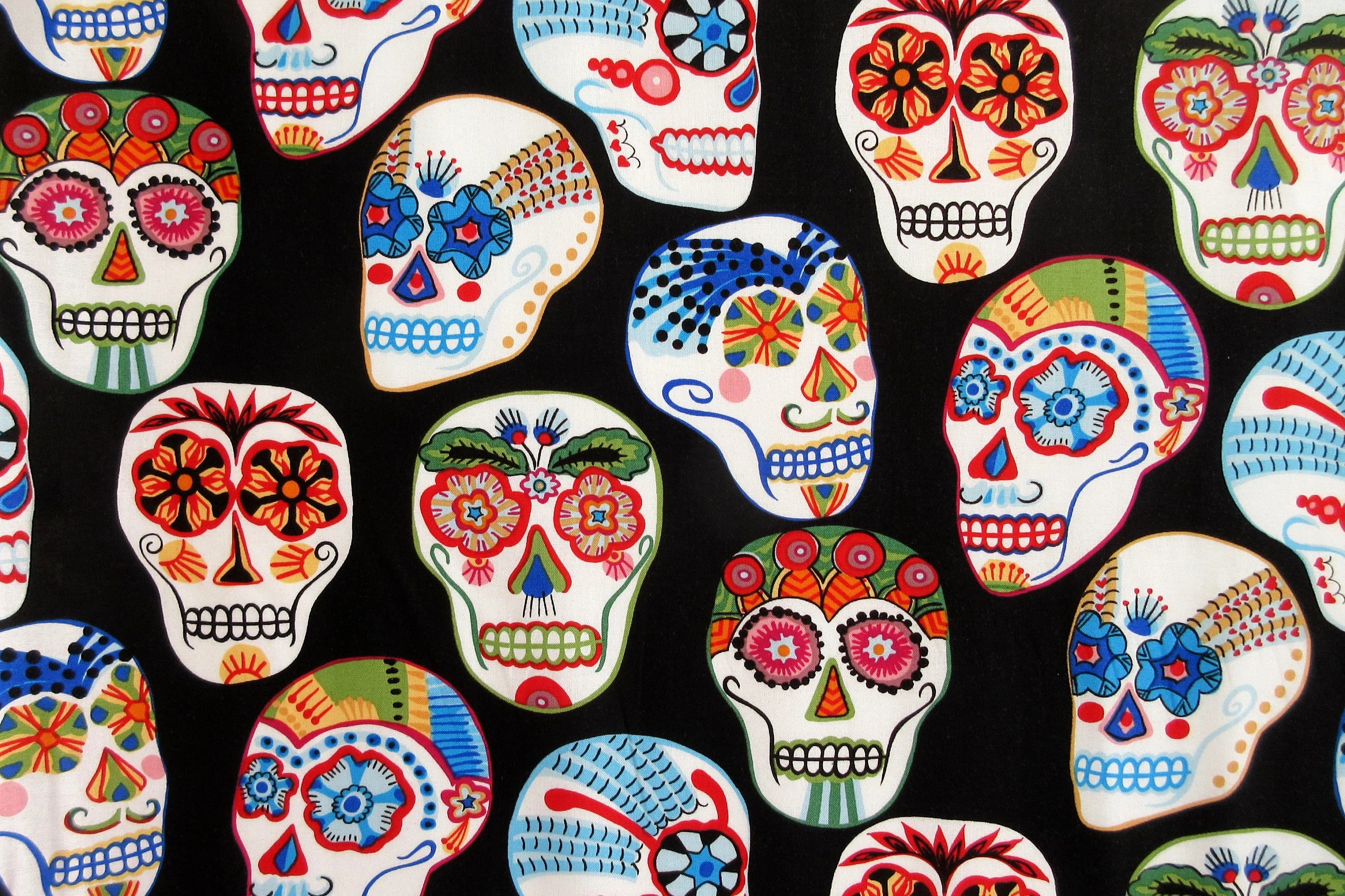 Skull Fabric, Calaveras Contentas in Black by Alexander Henry, Large Scale Print, By the Half or Full Yard