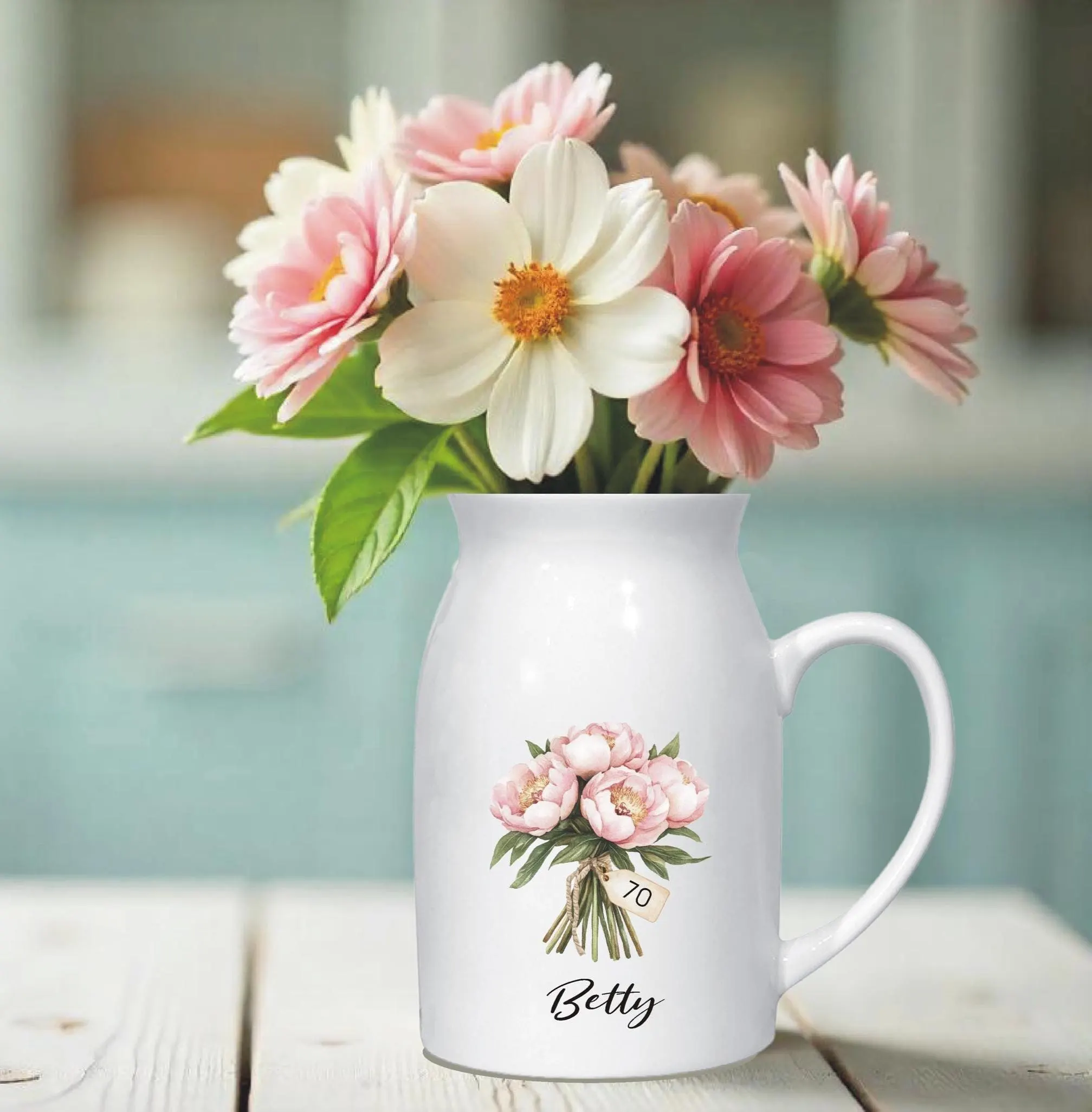Personalised Birth Flower Jug Vase For A 70th Milestone Birthday - Unique Custom 70th Birthday Gift for a Sister, Friend, Mum, Grandma