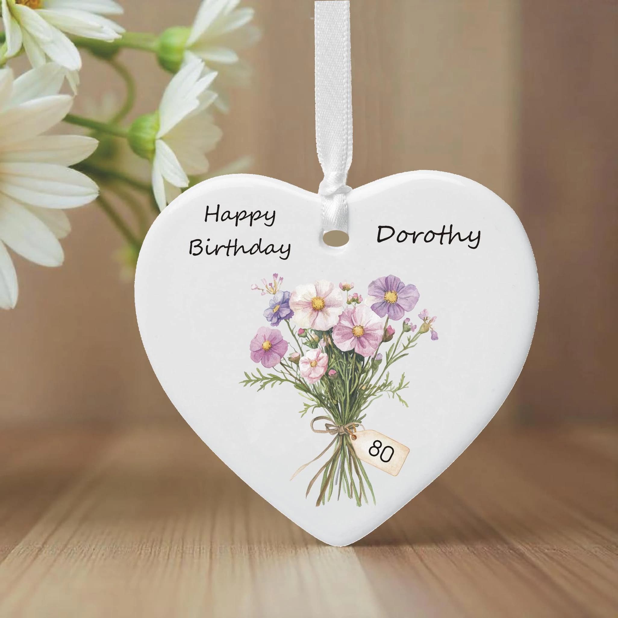 Personalised Birth Flower 80th Milestone Birthday Ceramic Heart Keepsake Decoration - Birthday Gift for a Sister, Friend, Mum, Grandma
