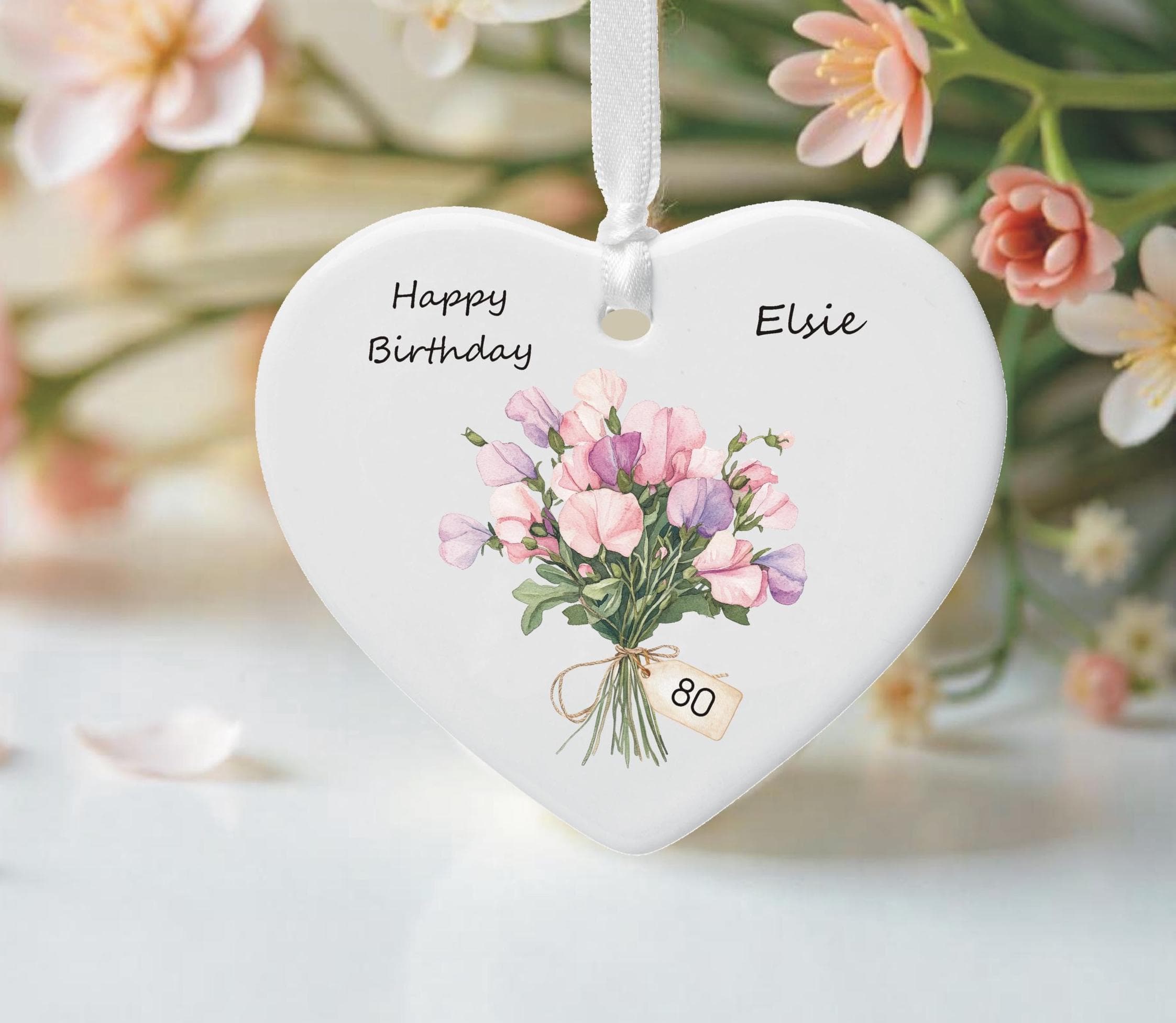 Personalised Birth Flower 80th Milestone Birthday Ceramic Heart Keepsake Decoration - Birthday Gift for a Sister, Friend, Mum, Grandma - image 2
