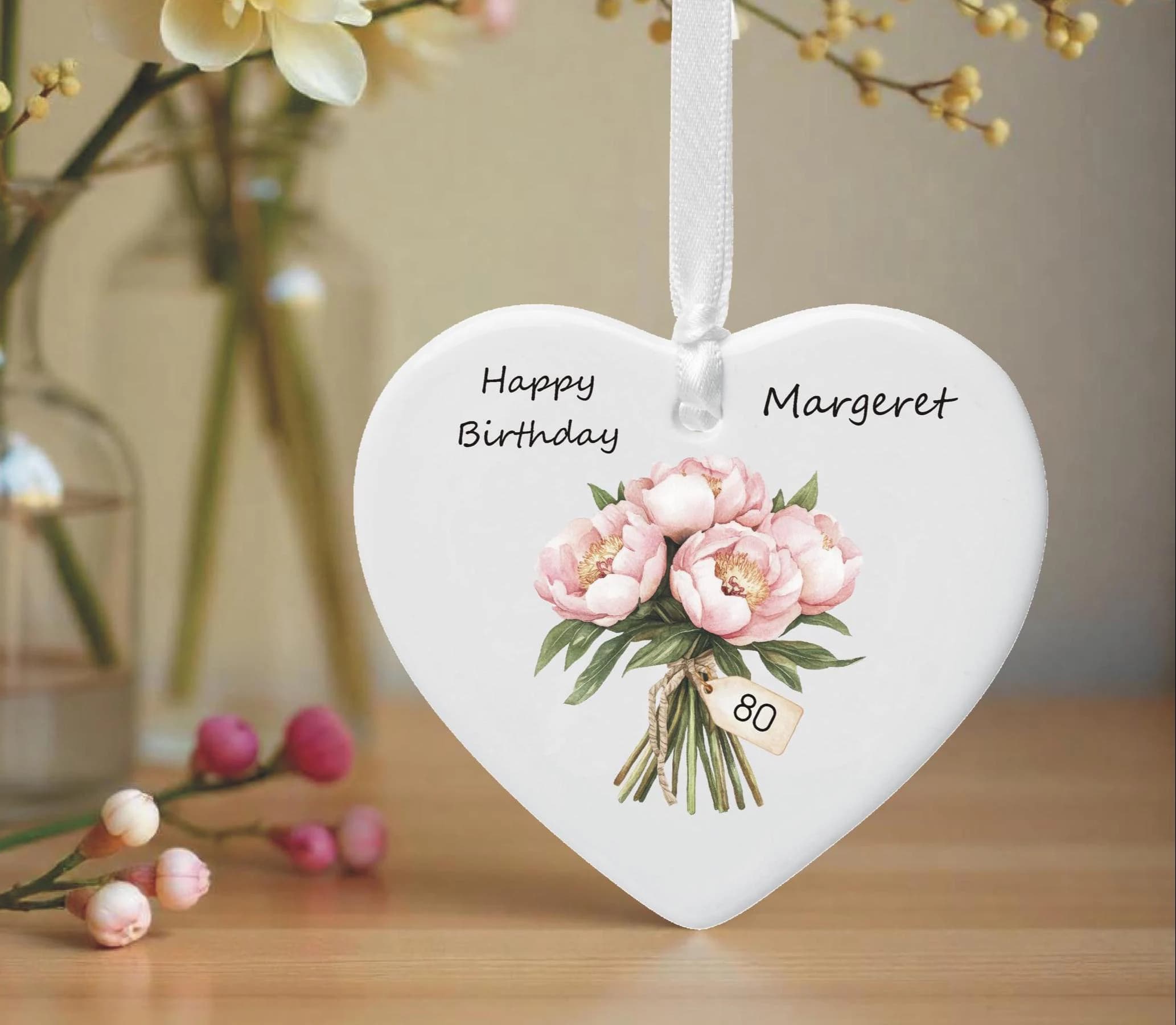 Personalised Birth Flower 80th Milestone Birthday Ceramic Heart Keepsake Decoration - Birthday Gift for a Sister, Friend, Mum, Grandma - image 3