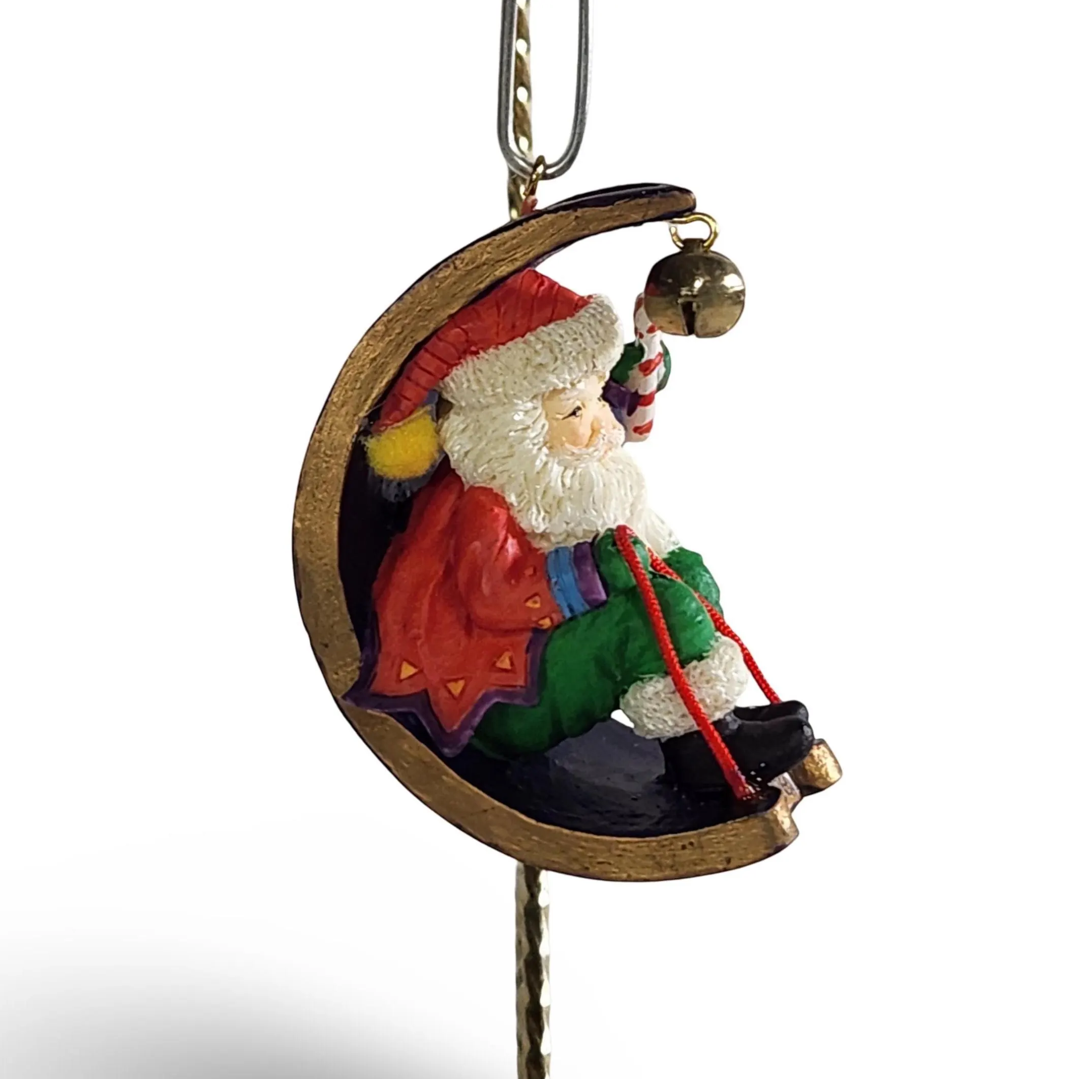MIDNIGHT RIDE Christmas Ornament Vintage 1998 Carlton Cards Santa on Sled Moon Shaped w Jingle Bell