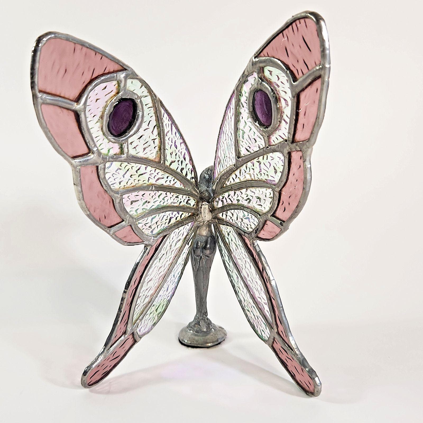 Butterfly Fairy Statue Figurine Stained Glass Wings - Sun Catcher Iridescent Pink Hand Made - image 4