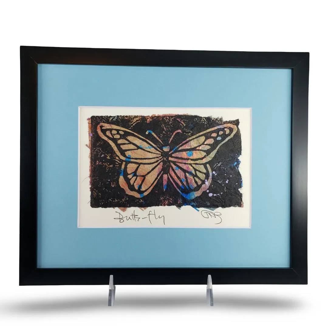 Original Art - Vintage Block Print "Butterfly” w Choice of Frame - Metallic Mixed Media - Artist Francy Blumhagen Salmonberry Studio