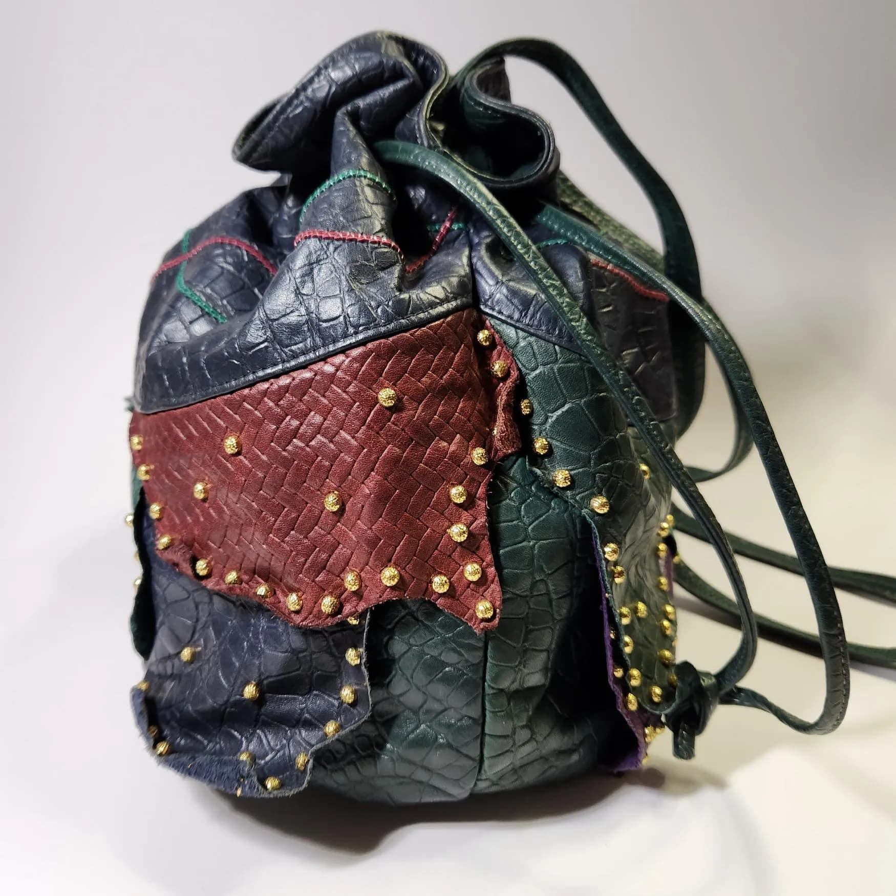 Vintage Samir Leather Patchwork Purse Drawstring Bucket Bag Green Blue Burgundy Purple Brass Studs - USA - image 5