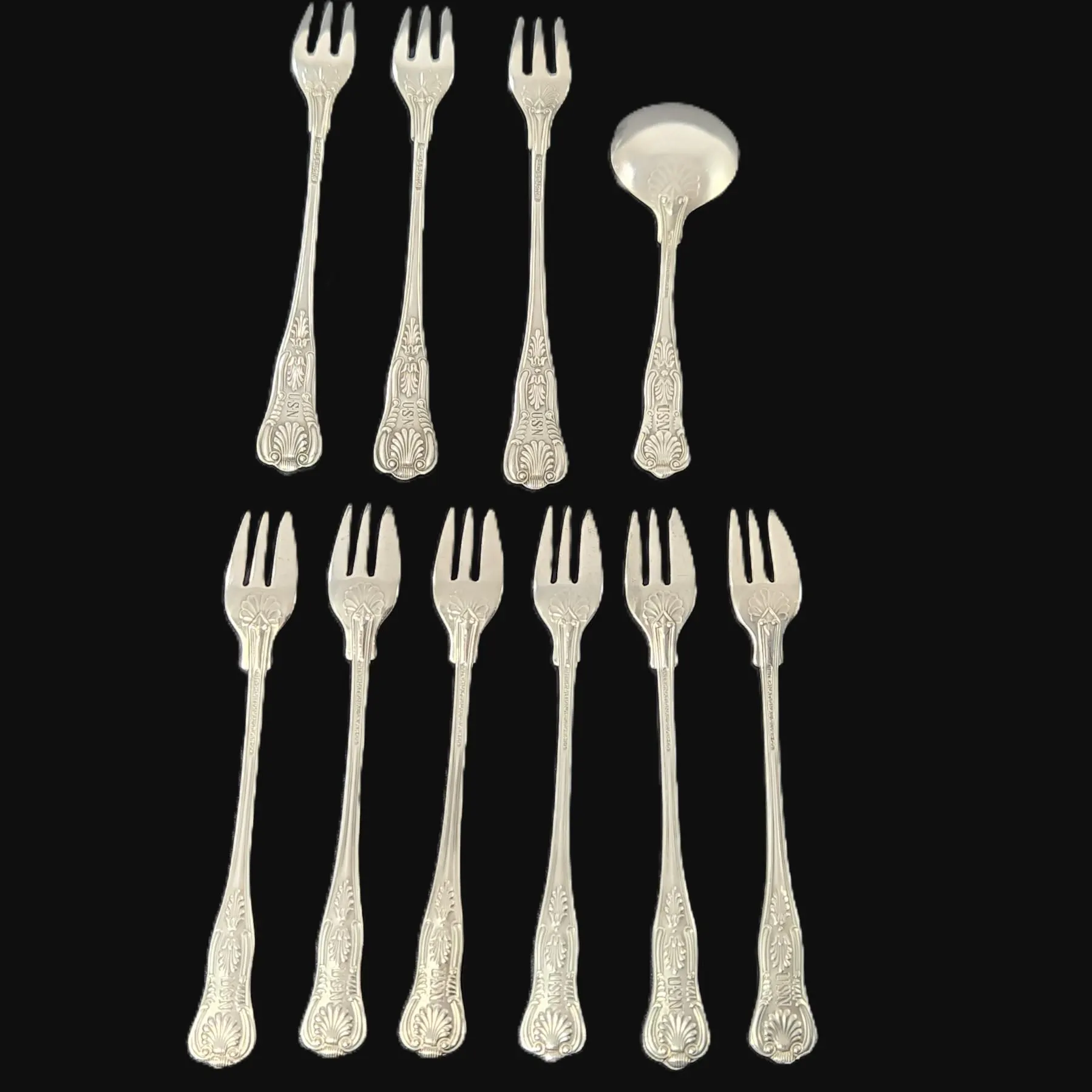 Antique US Navy Cocktail Forks & Soup Spoon - Kings Pattern 10 Pc Set Silver Plate Flatware - Fouled Anchor Etch - image 3