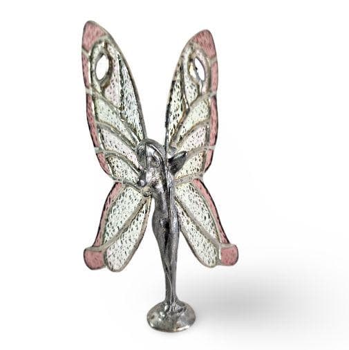 Butterfly Fairy Statue Figurine Stained Glass Wings - Sun Catcher Iridescent Pink Hand Made - image 3