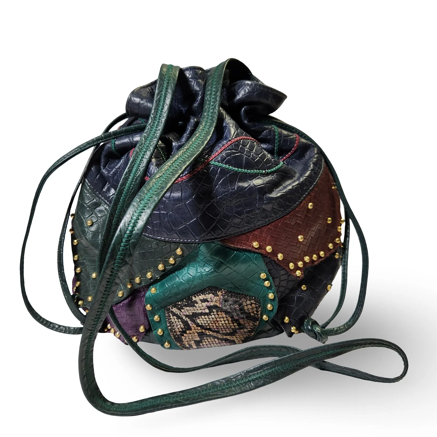 Vintage Samir Leather Patchwork Purse Drawstring Bucket Bag Green Blue Burgundy Purple Brass Studs - USA - image 3