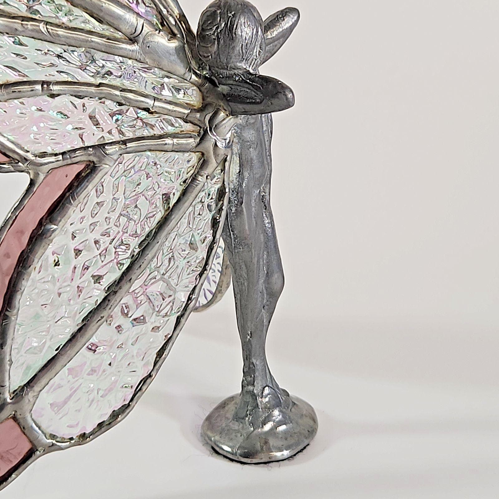 Butterfly Fairy Statue Figurine Stained Glass Wings - Sun Catcher Iridescent Pink Hand Made - image 5