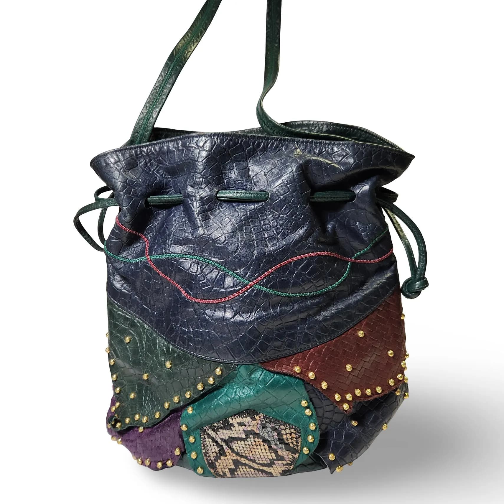 Vintage Samir Leather Patchwork Purse Drawstring Bucket Bag Green Blue Burgundy Purple Brass Studs - USA - image 2