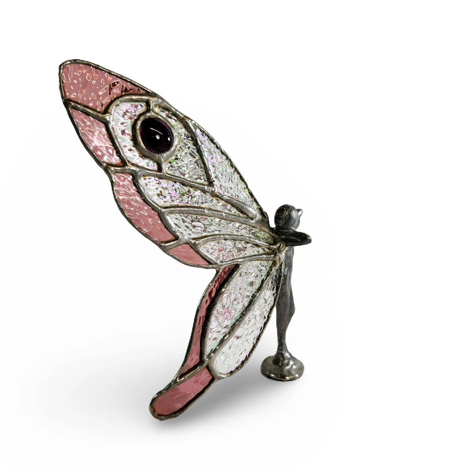 Butterfly Fairy Statue Figurine Stained Glass Wings - Sun Catcher Iridescent Pink Hand Made