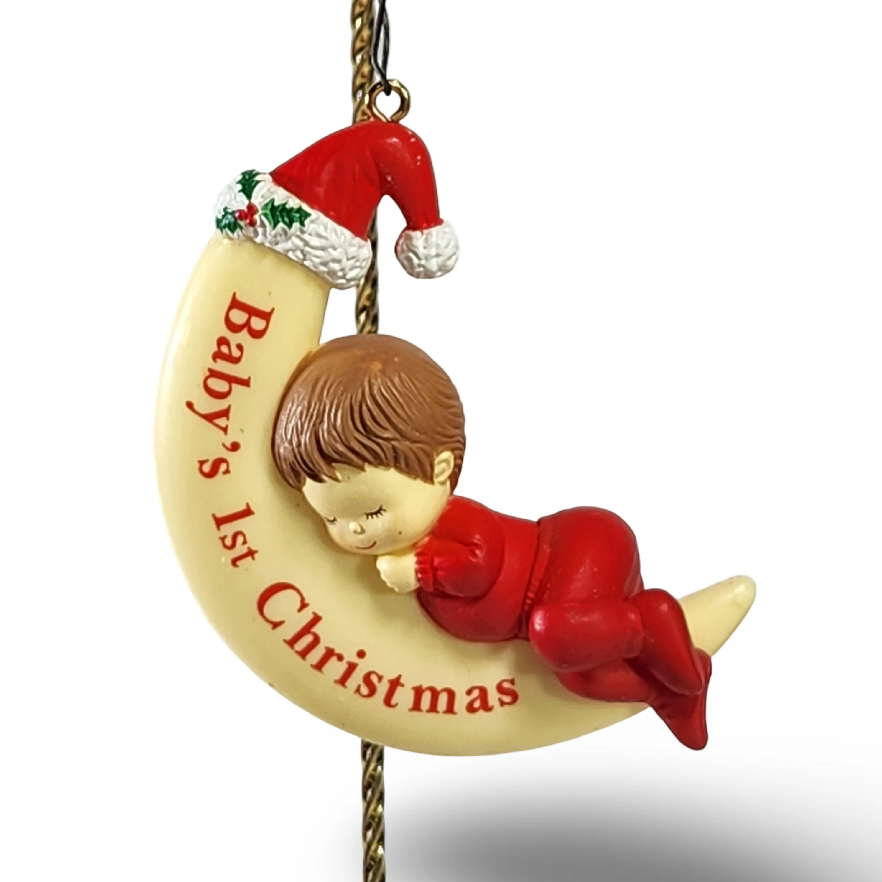 Vintage Baby's First Christmas Ornament - 1980s Crescent Moon Hanging Tree