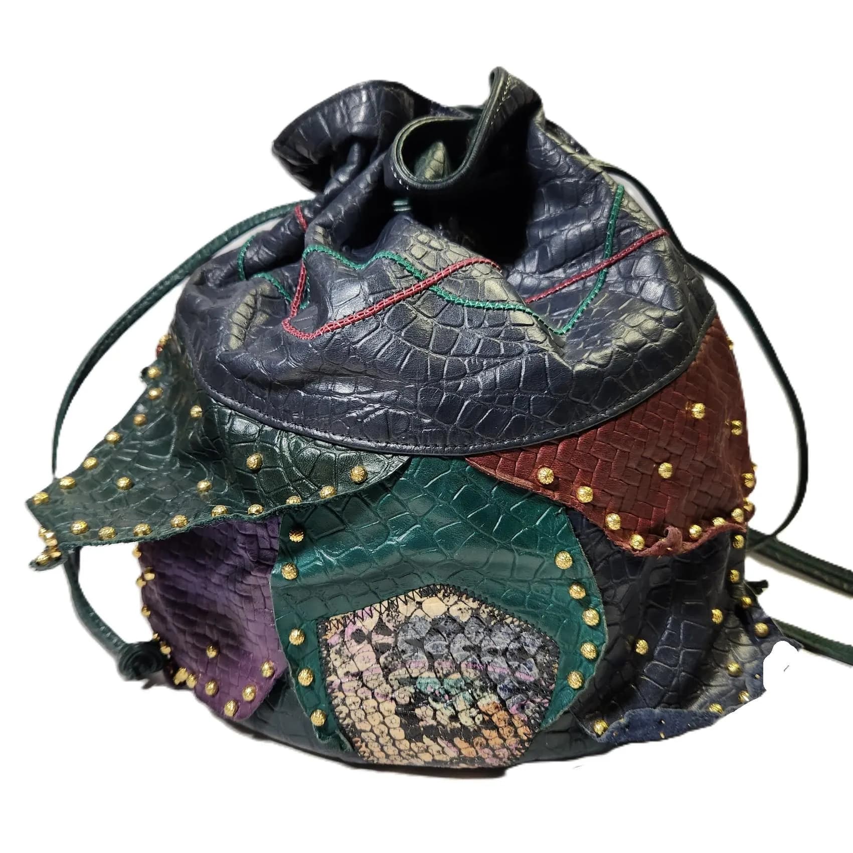 Vintage Samir Leather Patchwork Purse Drawstring Bucket Bag Green Blue Burgundy Purple Brass Studs - USA - image 4