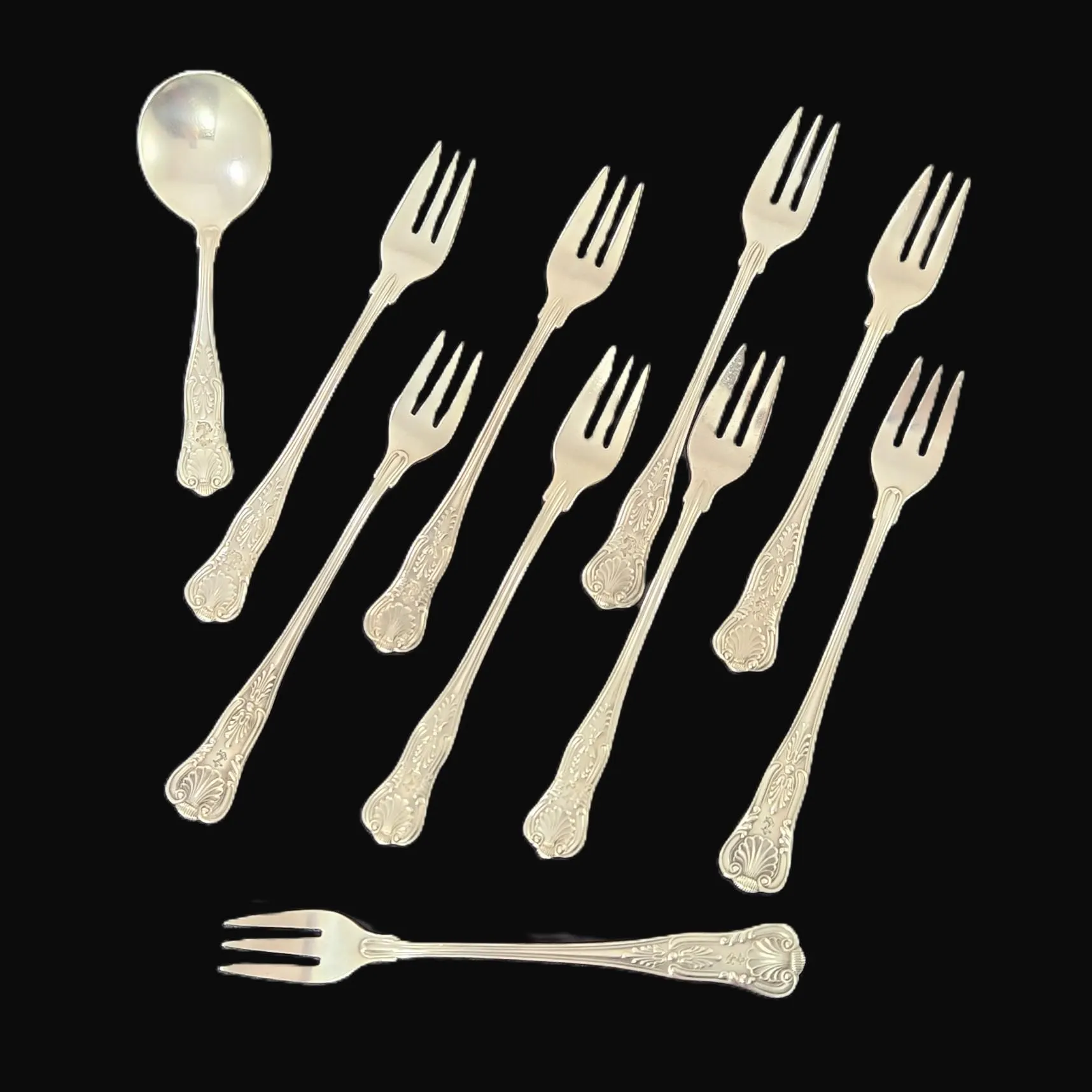 Antique US Navy Cocktail Forks & Soup Spoon - Kings Pattern 10 Pc Set Silver Plate Flatware - Fouled Anchor Etch